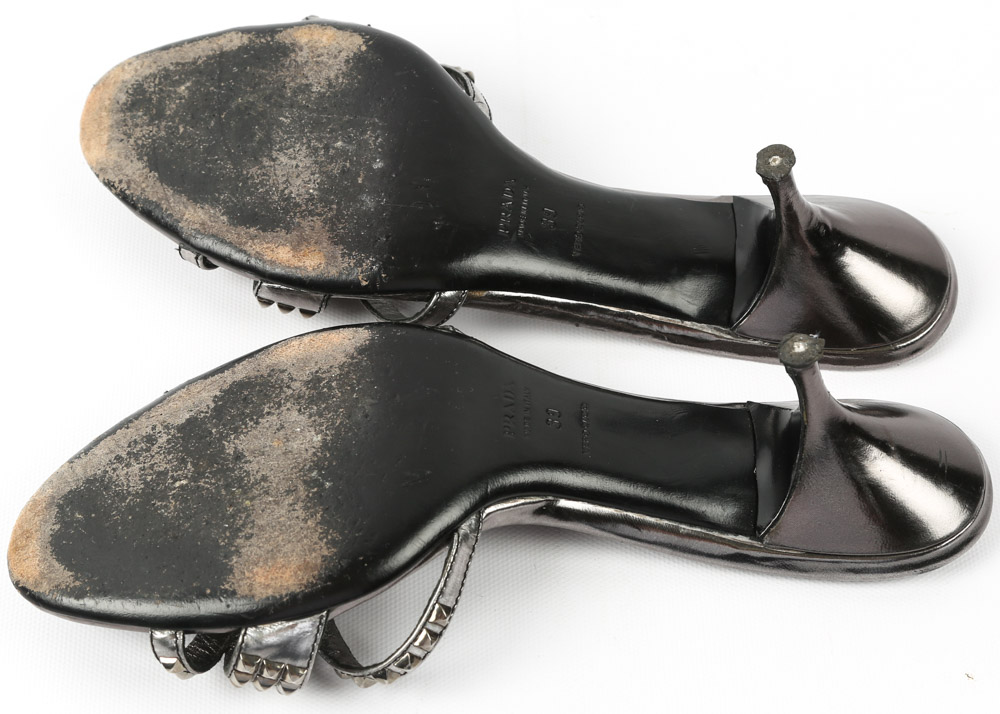 Prada Italian Leather Studded Kitten Heel Sandals