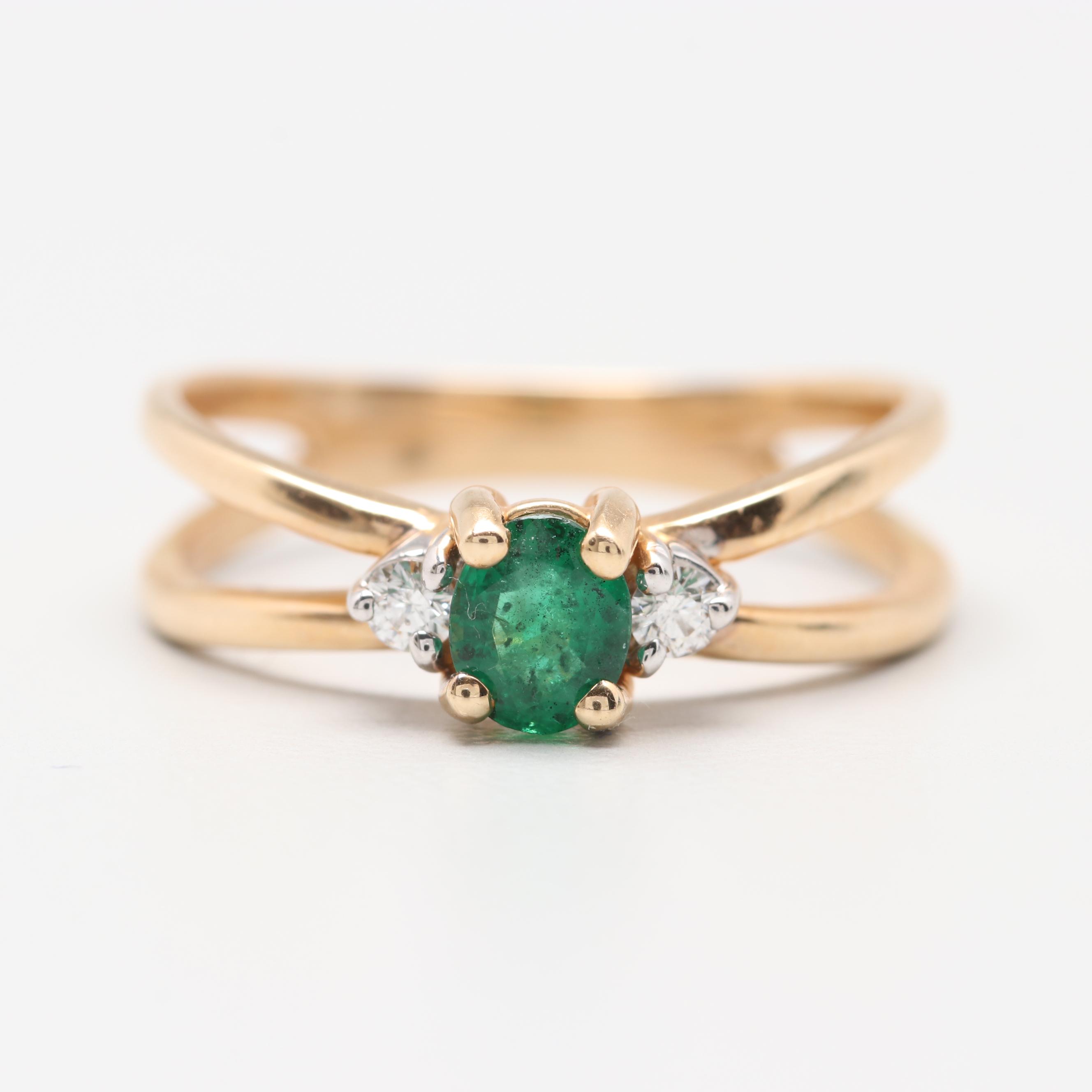 14K Yellow Gold Emerald and Diamond Ring
