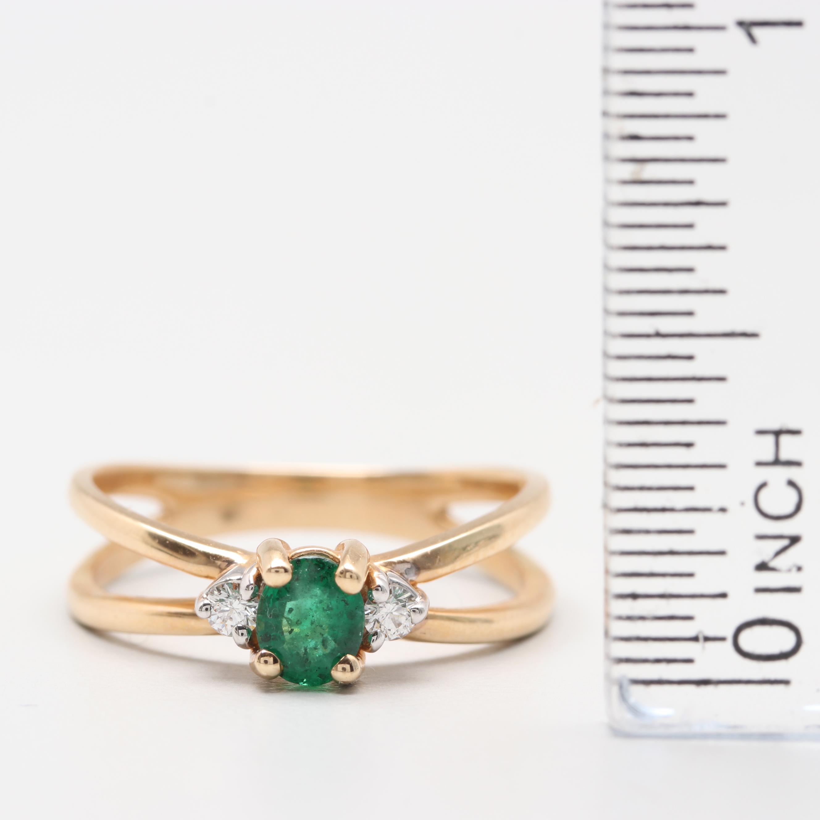 14K Yellow Gold Emerald and Diamond Ring