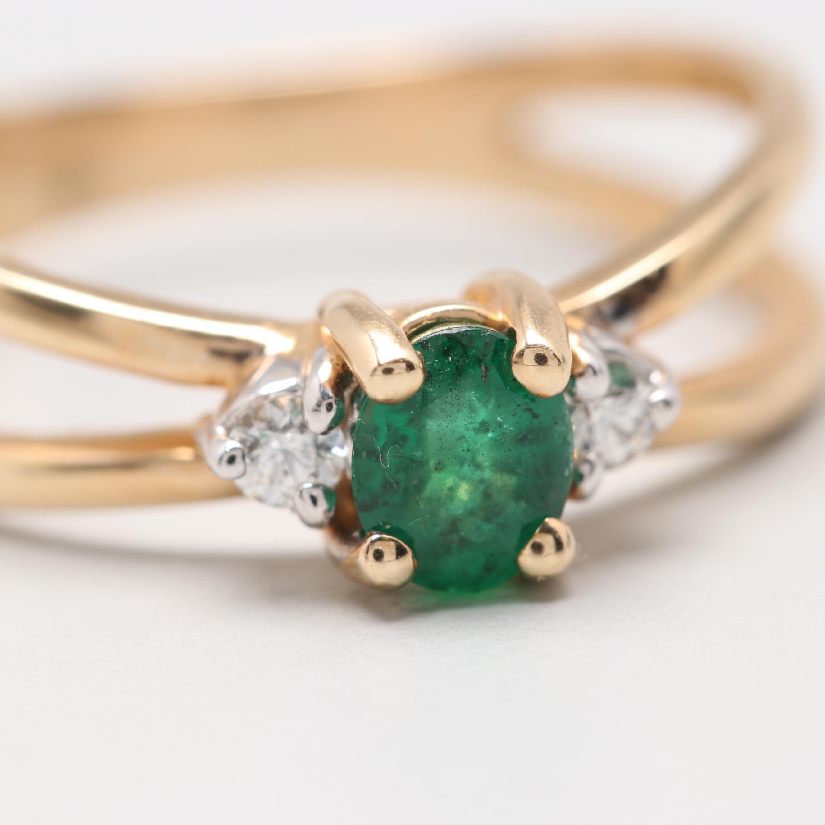 14K Yellow Gold Emerald and Diamond Ring