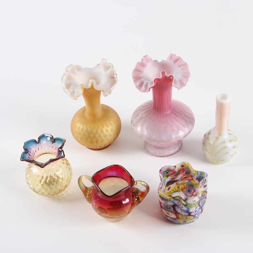 Vintage Blown Glass Vessels including "Diamond Optic" and Amberina