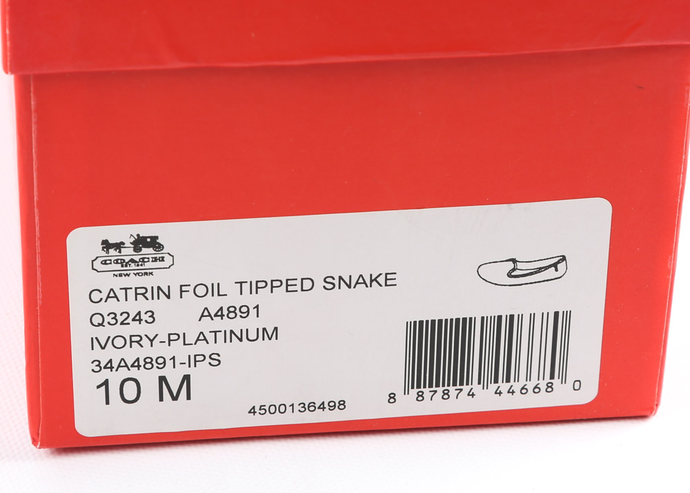 Coach Catrin Foil Tipped Snake Print Leather Flats in Ivory Platinum