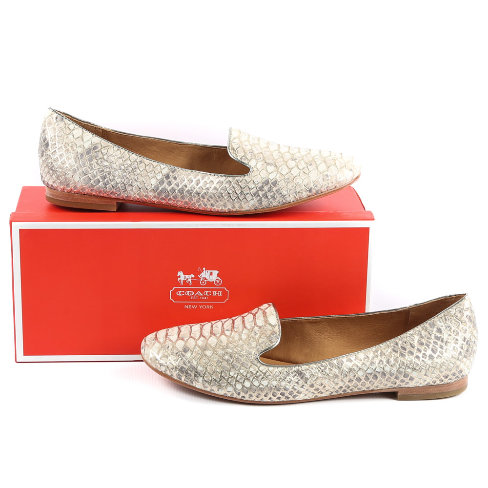 Coach Catrin Foil Tipped Snake Print Leather Flats in Ivory Platinum