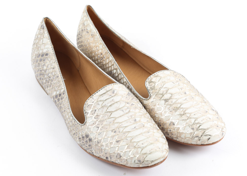 Coach Catrin Foil Tipped Snake Print Leather Flats in Ivory Platinum