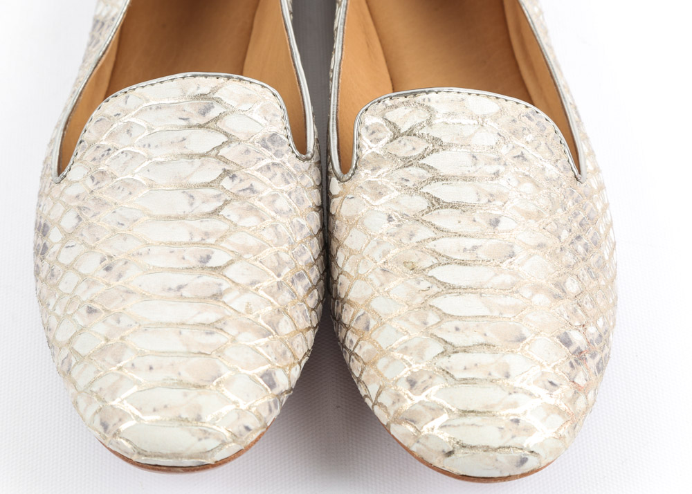 Coach Catrin Foil Tipped Snake Print Leather Flats in Ivory Platinum