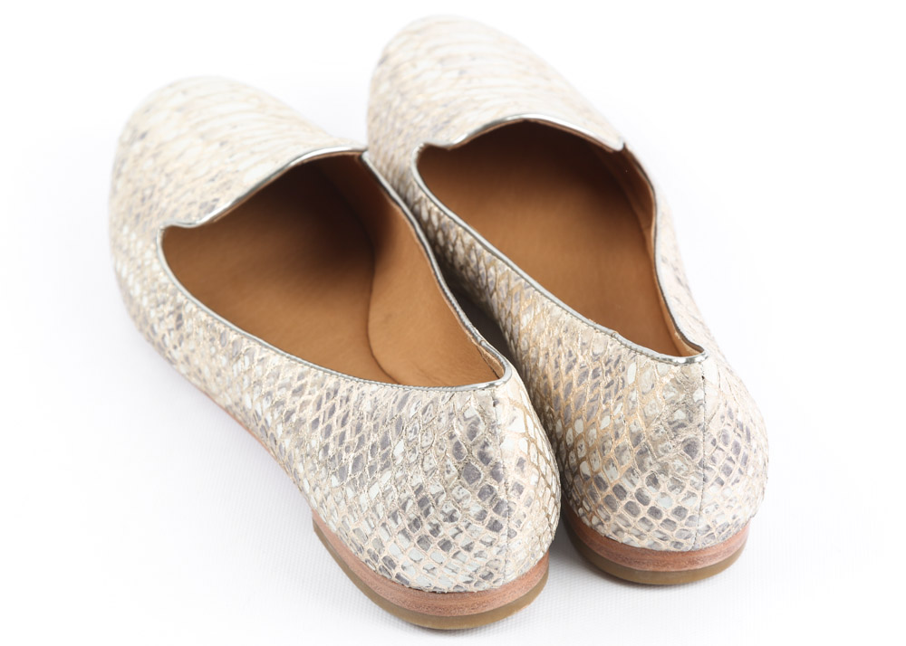 Coach Catrin Foil Tipped Snake Print Leather Flats in Ivory Platinum
