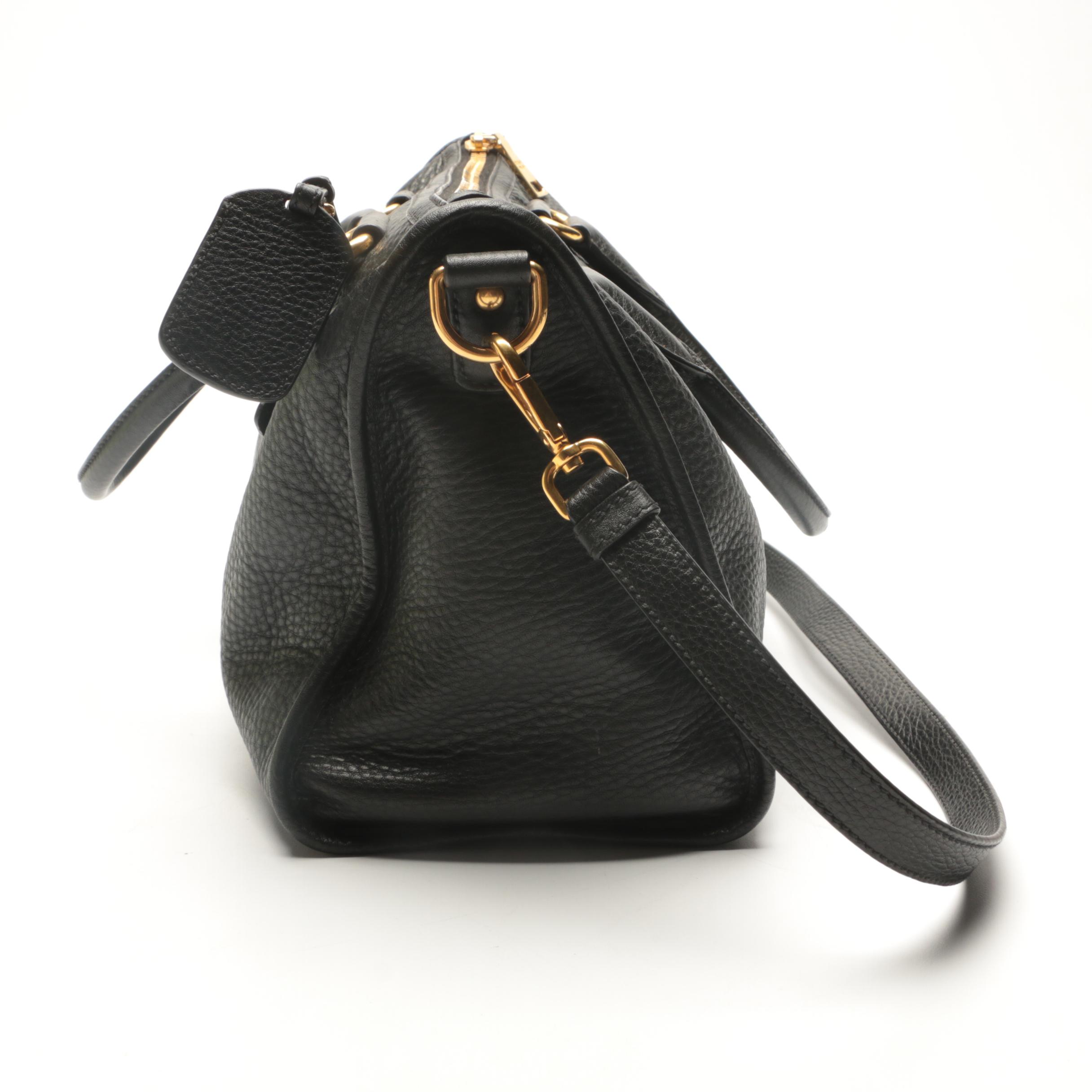 Prada Black Pebbled Leather Duffel-Style Handbag