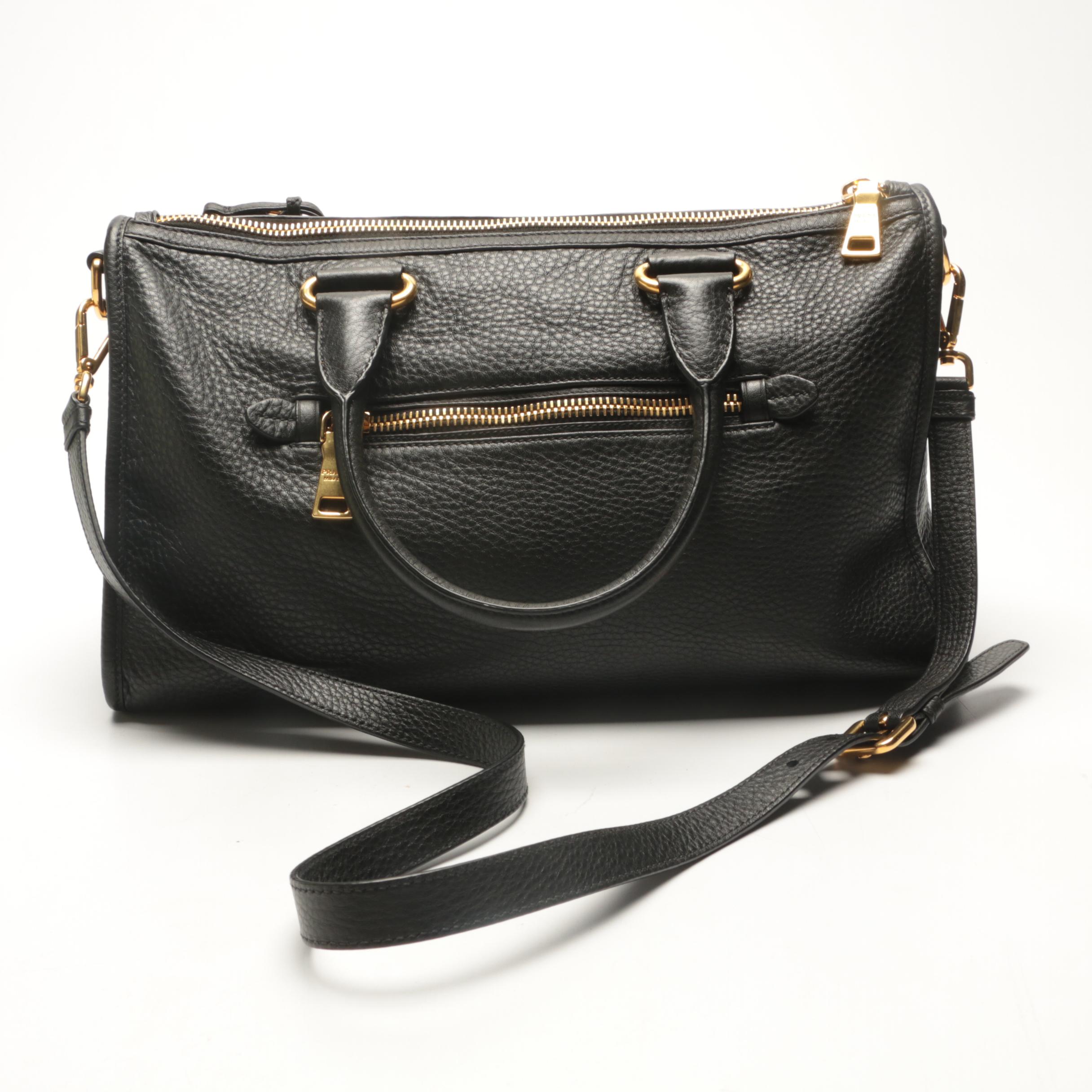 Prada Black Pebbled Leather Duffel-Style Handbag