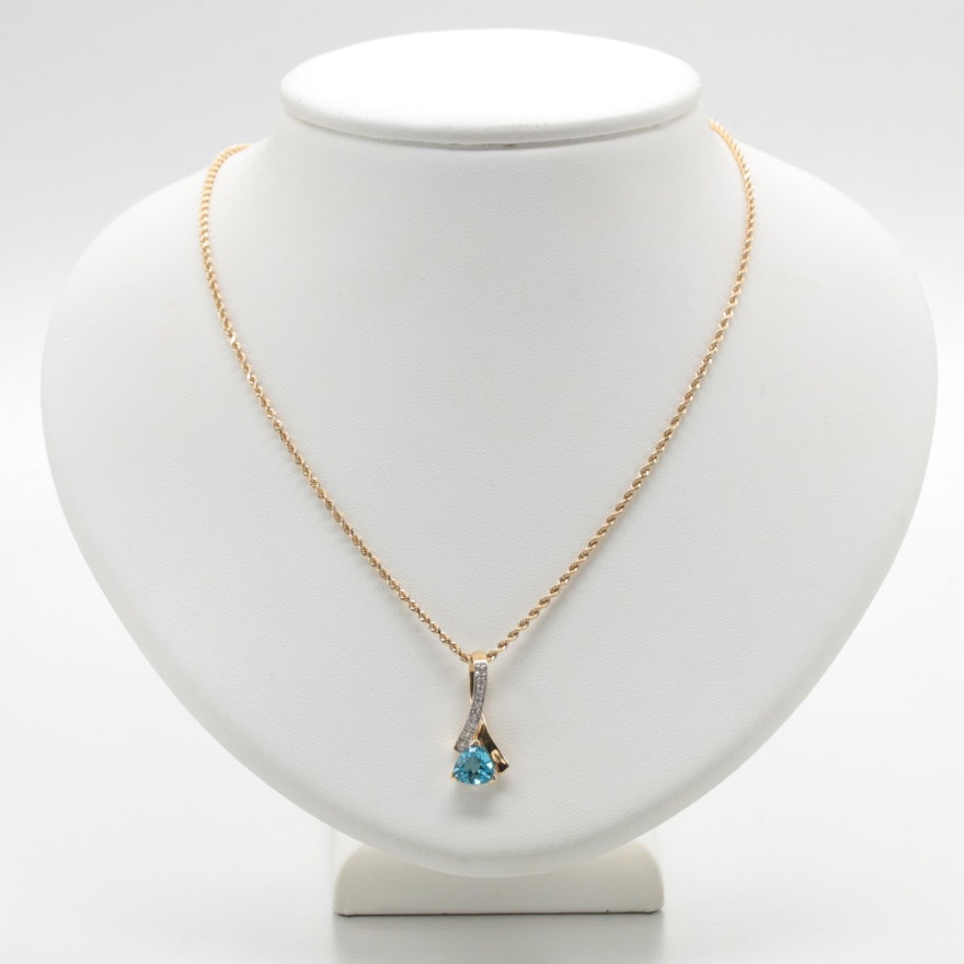 14K Yellow Gold Blue Topaz and Diamond Pendant Necklace