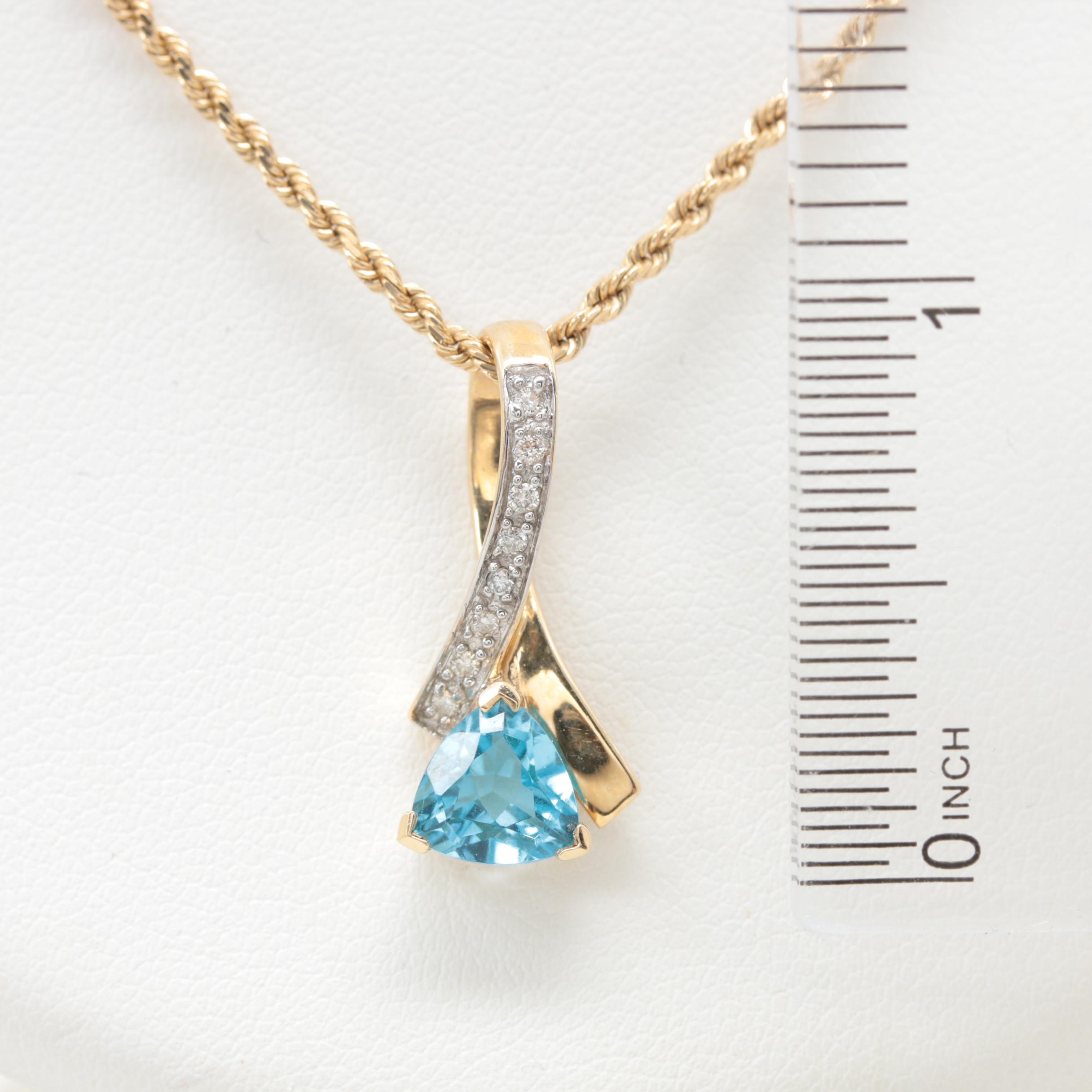 14K Yellow Gold Blue Topaz and Diamond Pendant Necklace