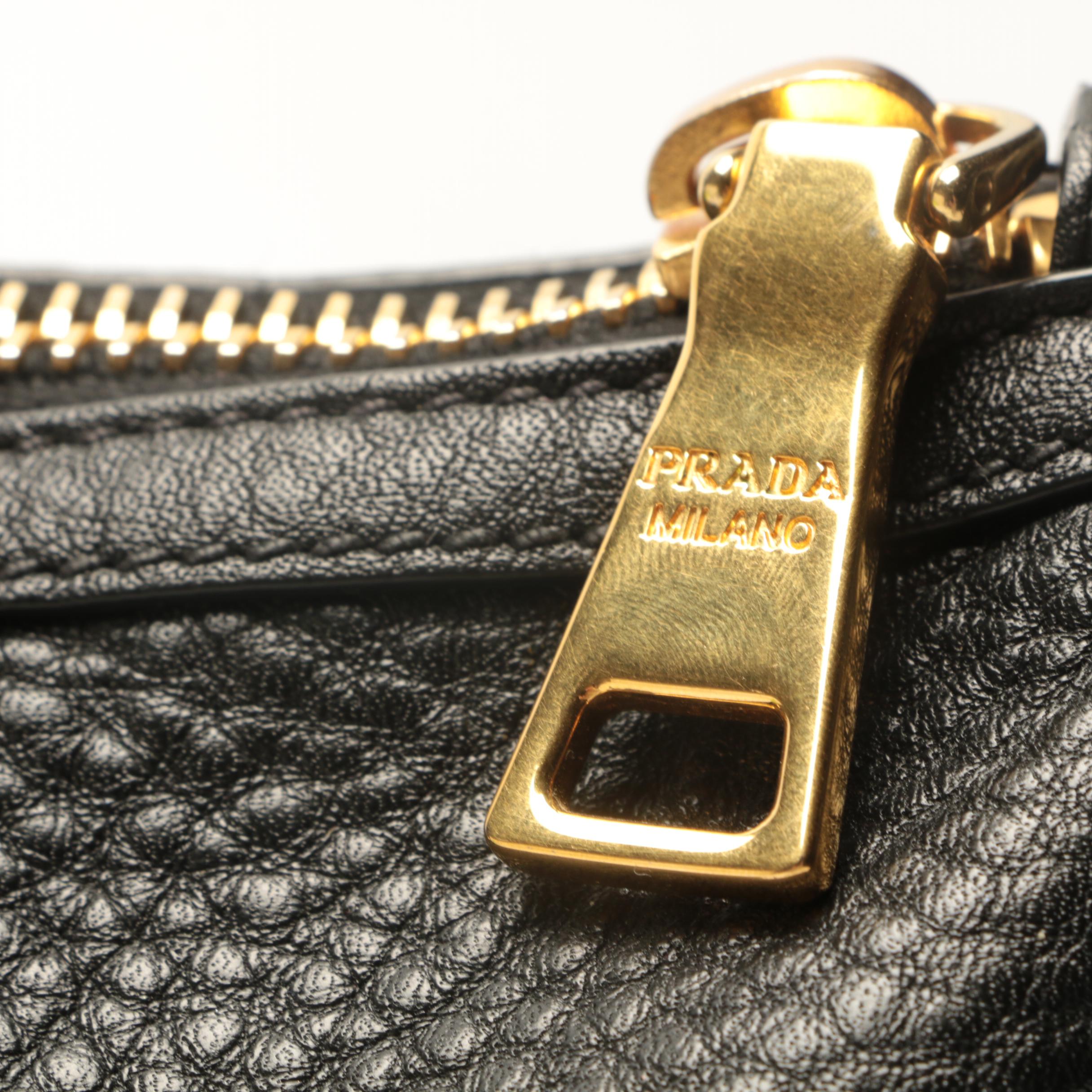 Prada Black Pebbled Leather Duffel-Style Handbag
