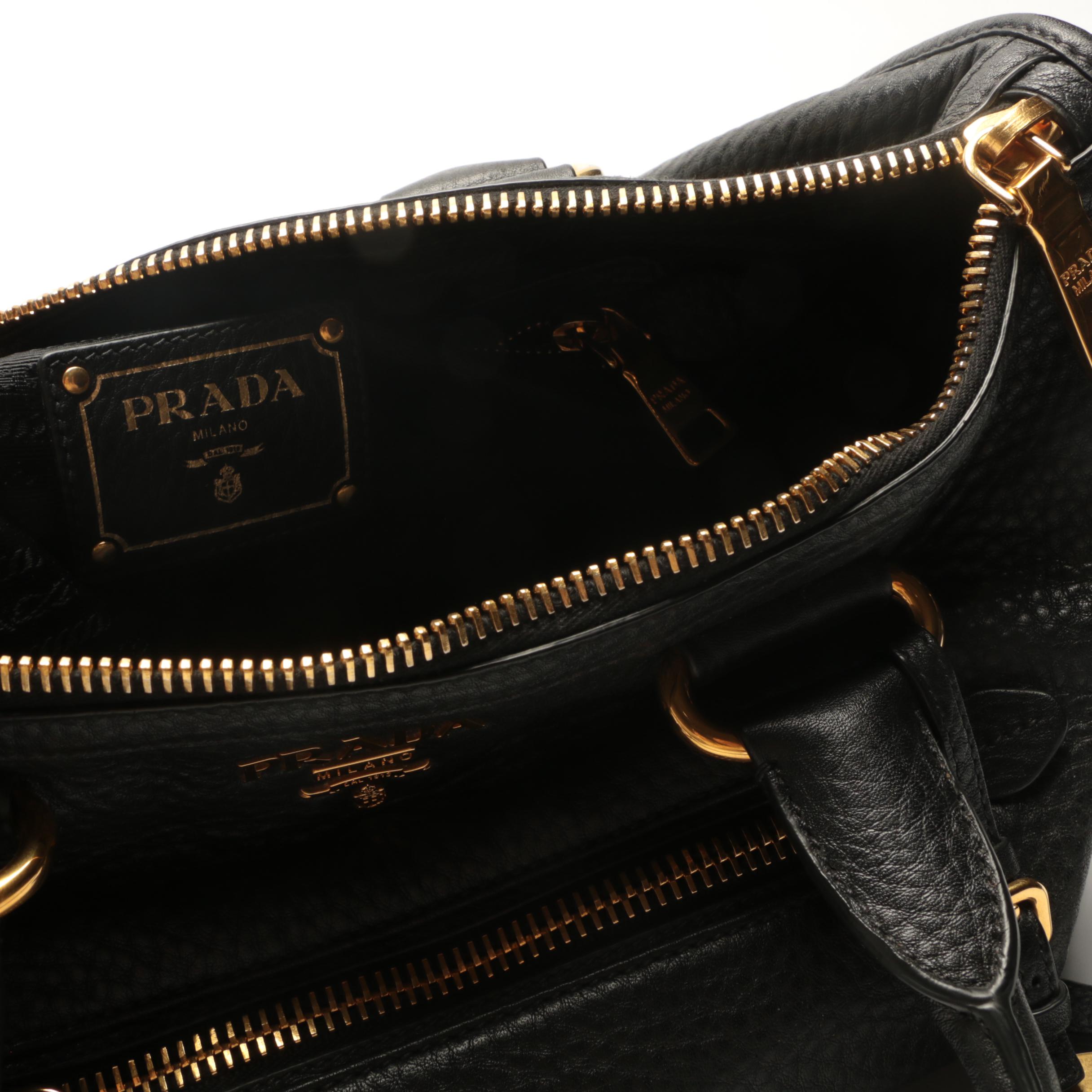 Prada Black Pebbled Leather Duffel-Style Handbag