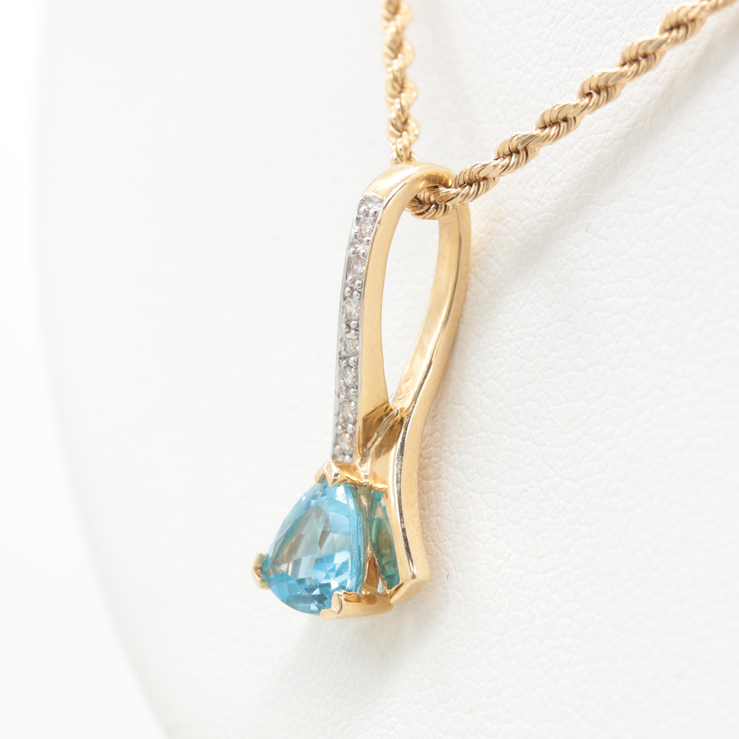 14K Yellow Gold Blue Topaz and Diamond Pendant Necklace