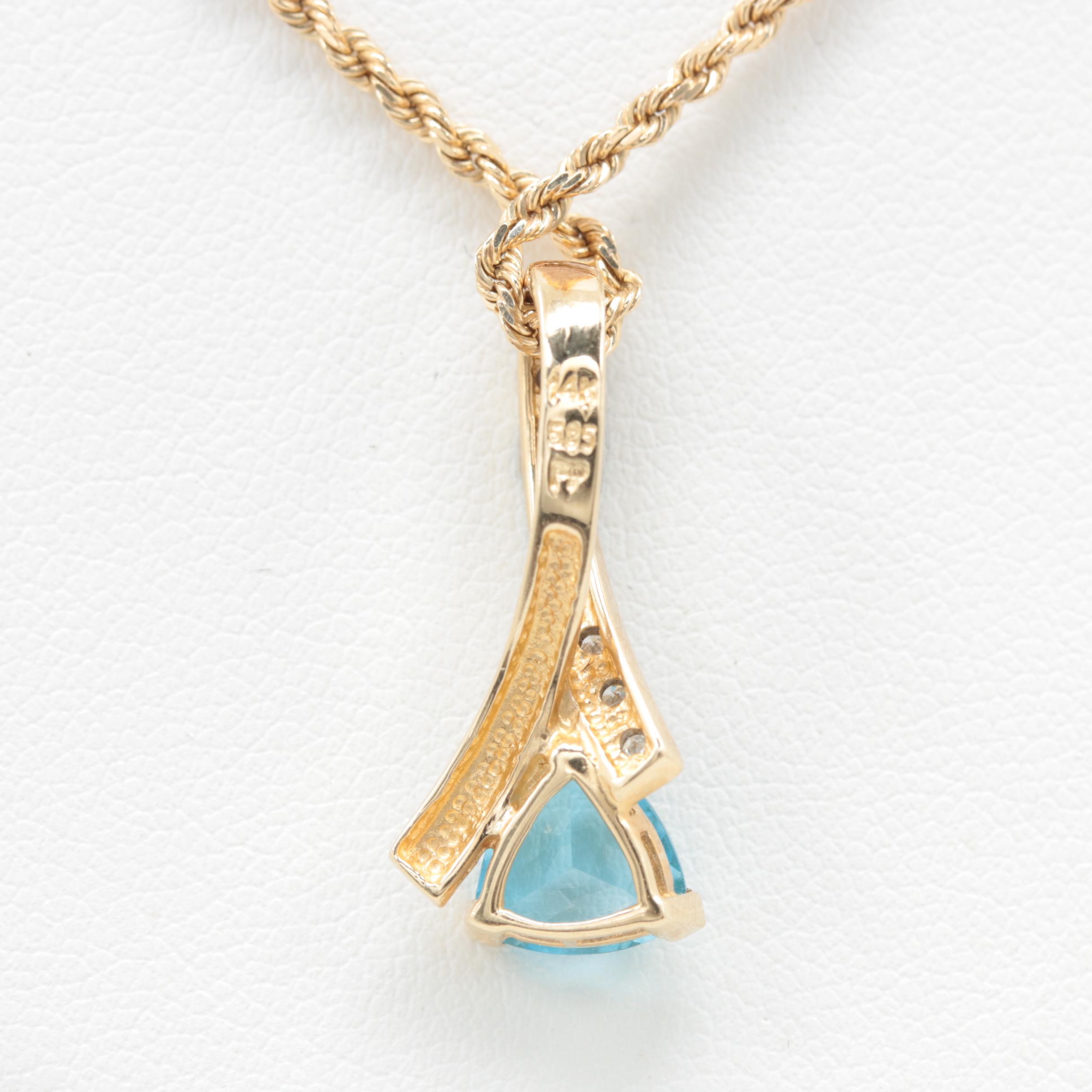 14K Yellow Gold Blue Topaz and Diamond Pendant Necklace