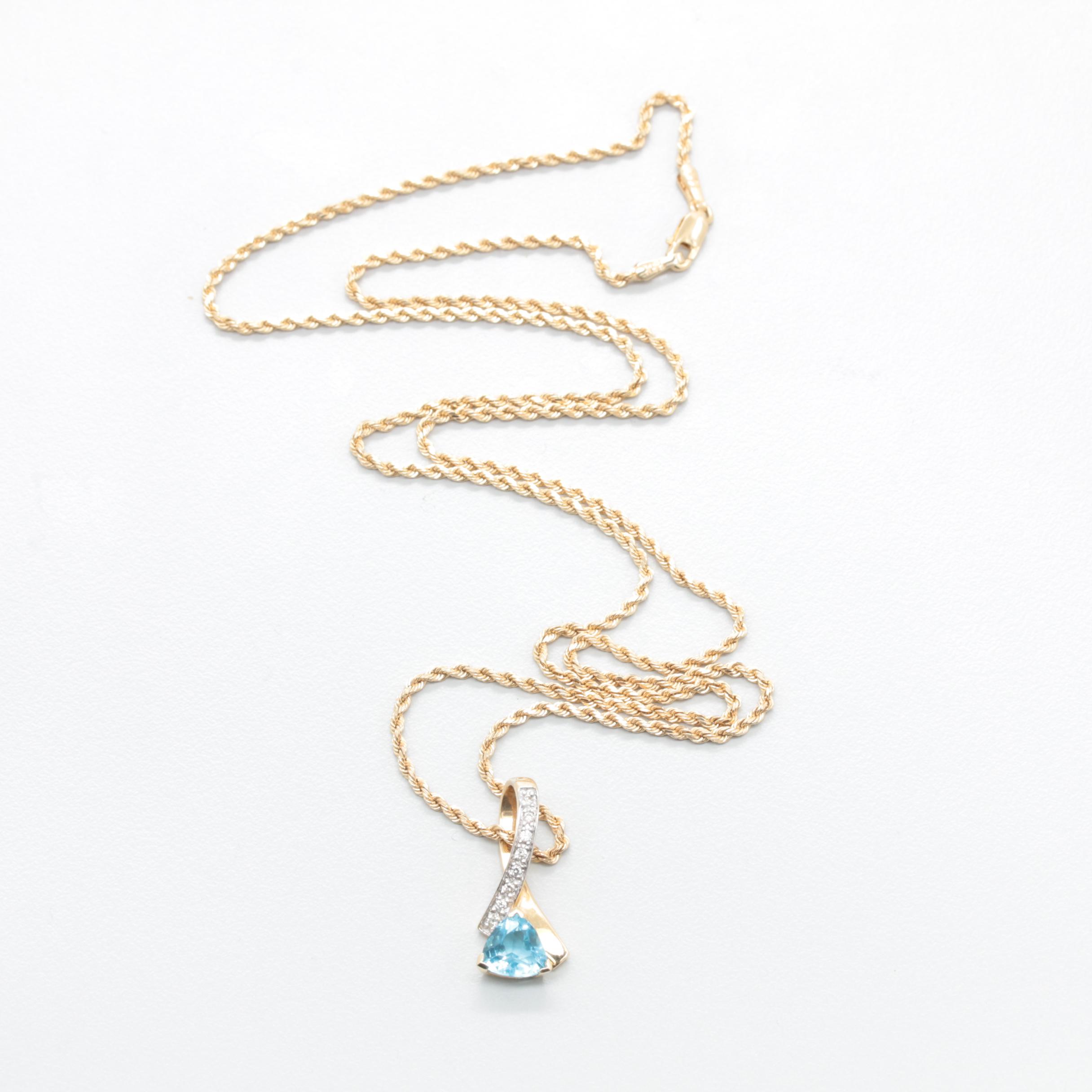 14K Yellow Gold Blue Topaz and Diamond Pendant Necklace