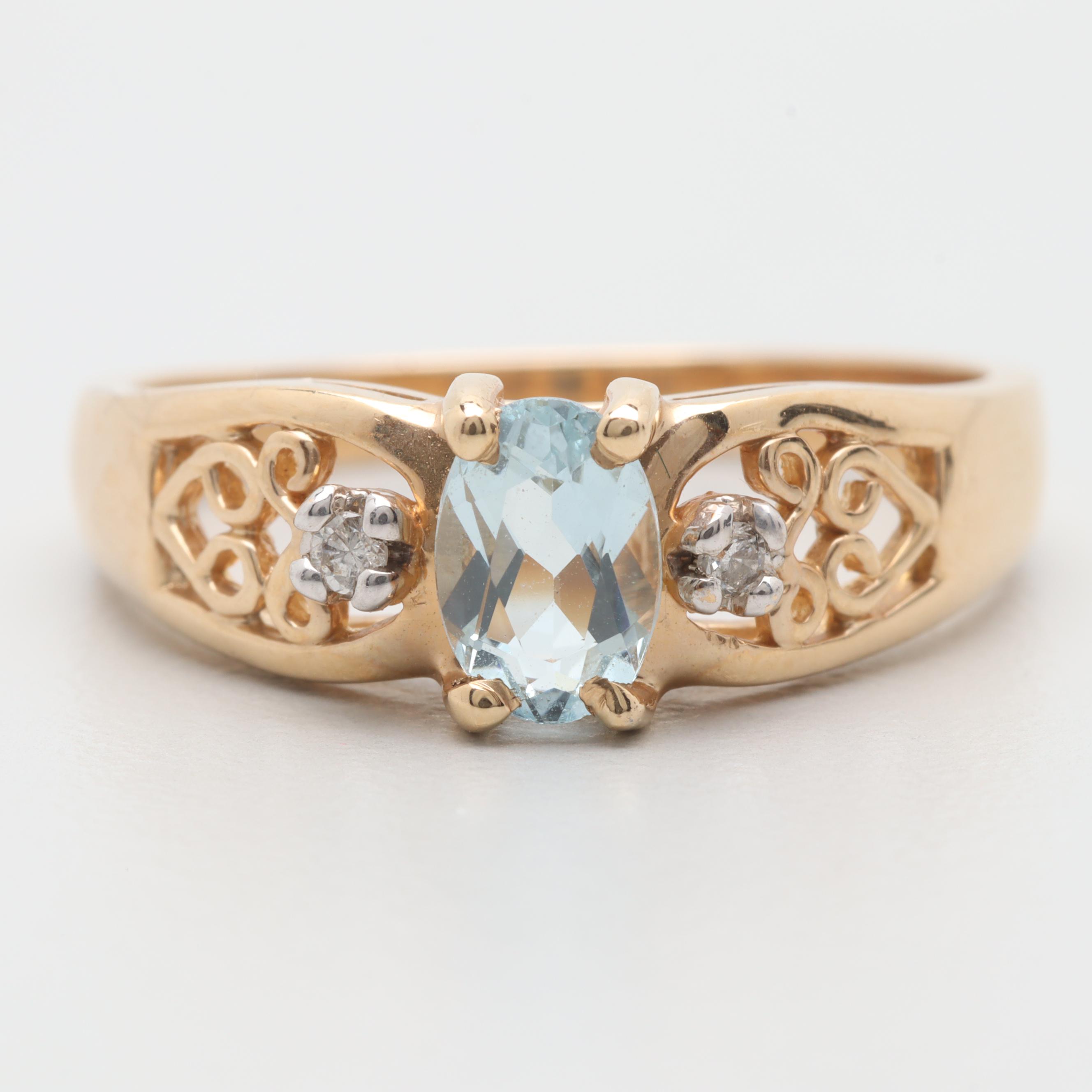 14K Yellow Gold Aquamarine and Diamond Ring