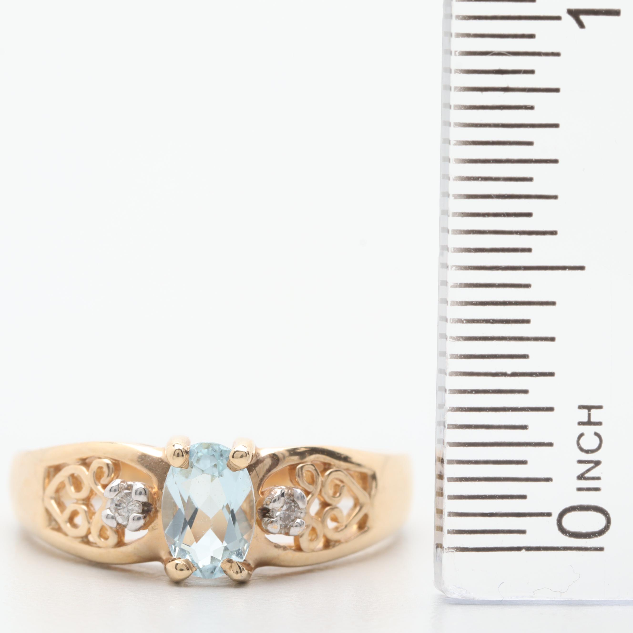 14K Yellow Gold Aquamarine and Diamond Ring