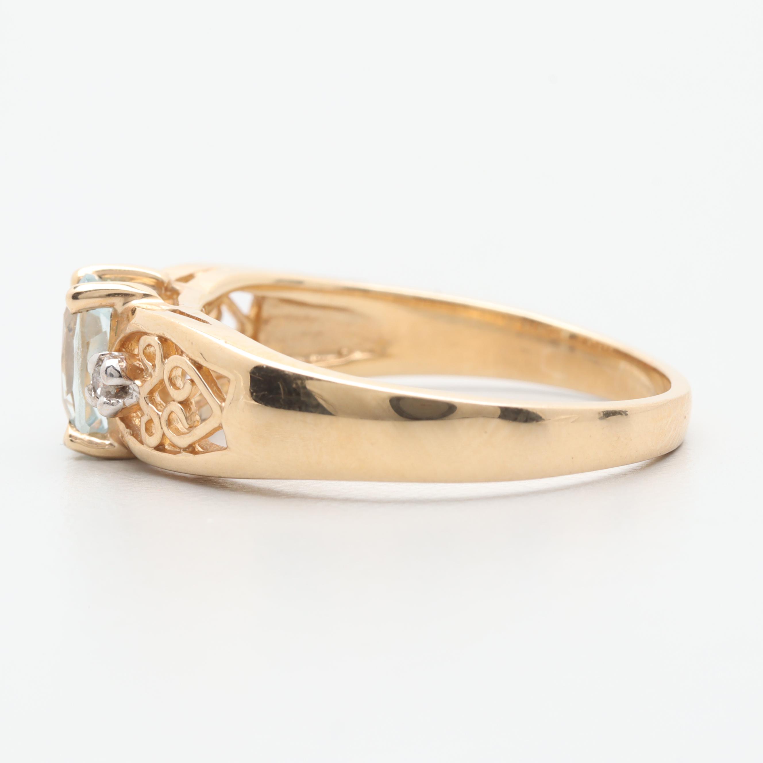 14K Yellow Gold Aquamarine and Diamond Ring