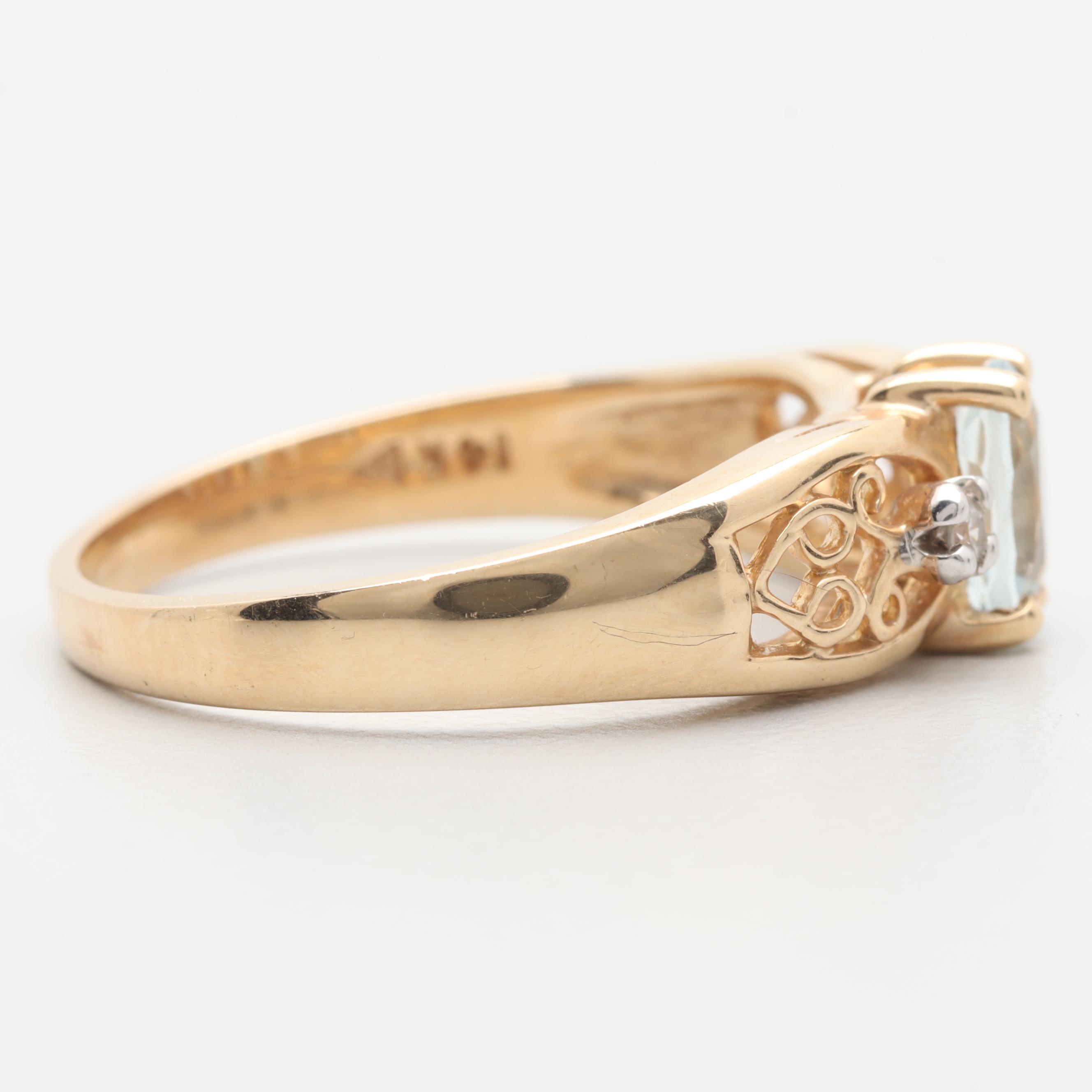 14K Yellow Gold Aquamarine and Diamond Ring