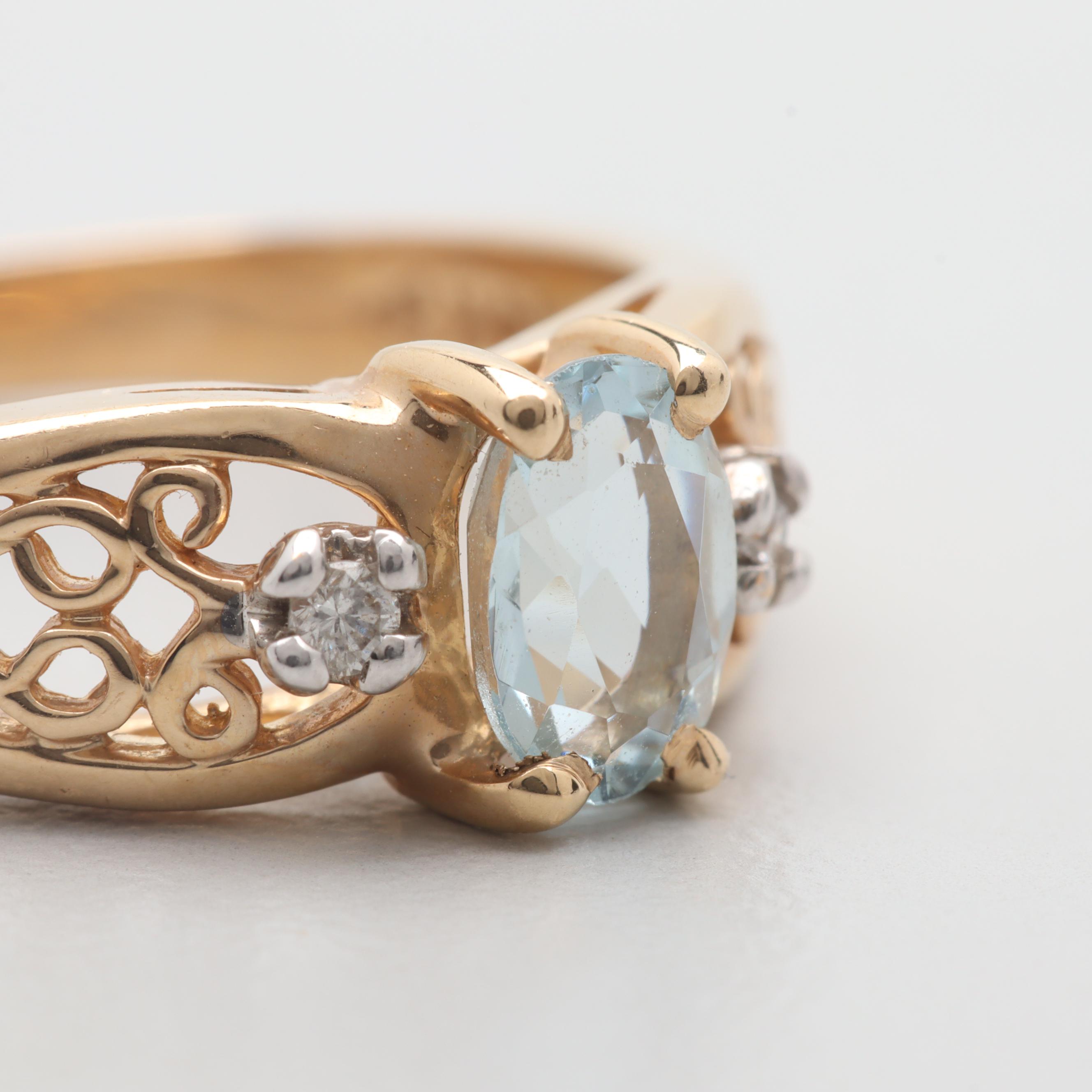 14K Yellow Gold Aquamarine and Diamond Ring