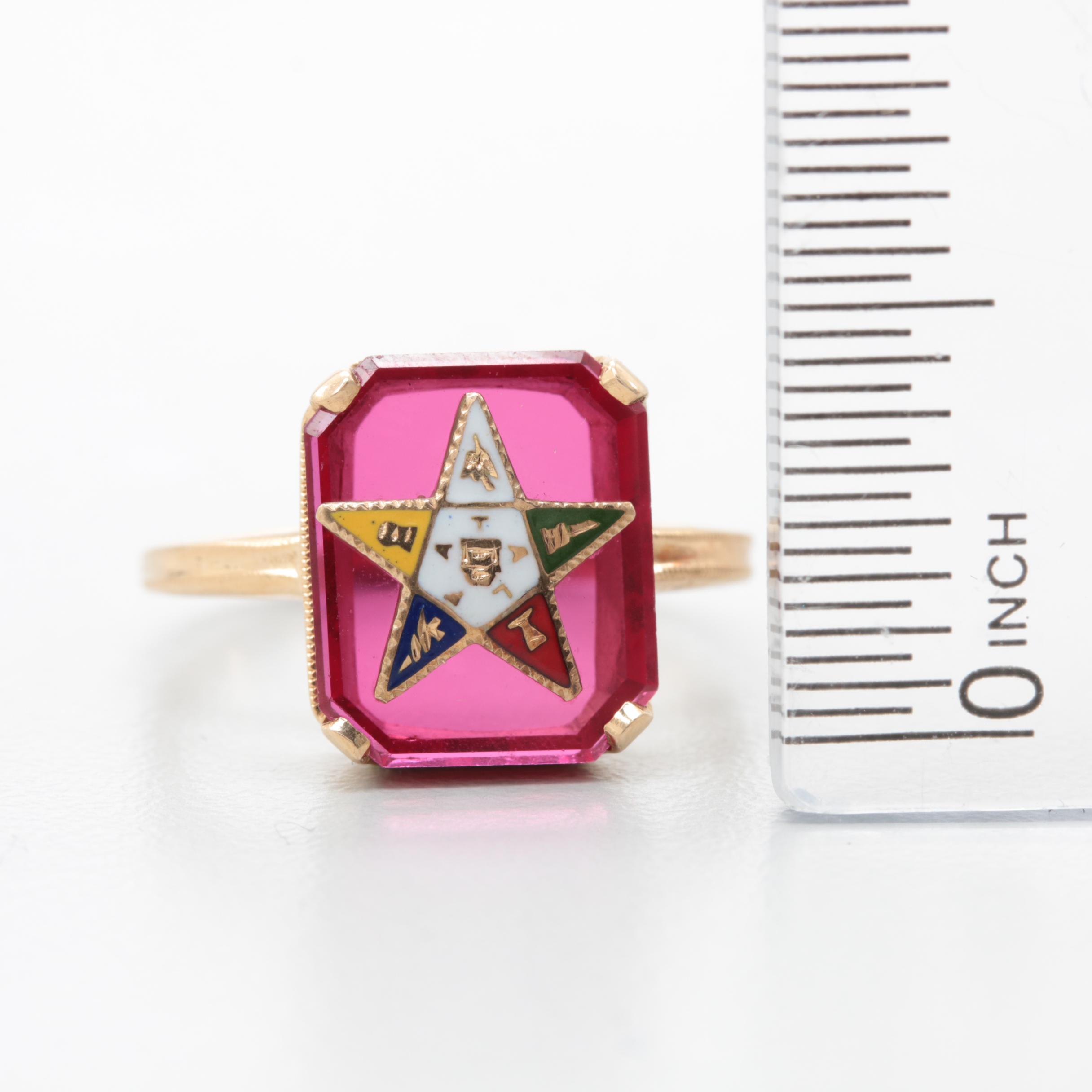 14K Yellow Gold Synthetic Ruby and Enamel Masonic Ring