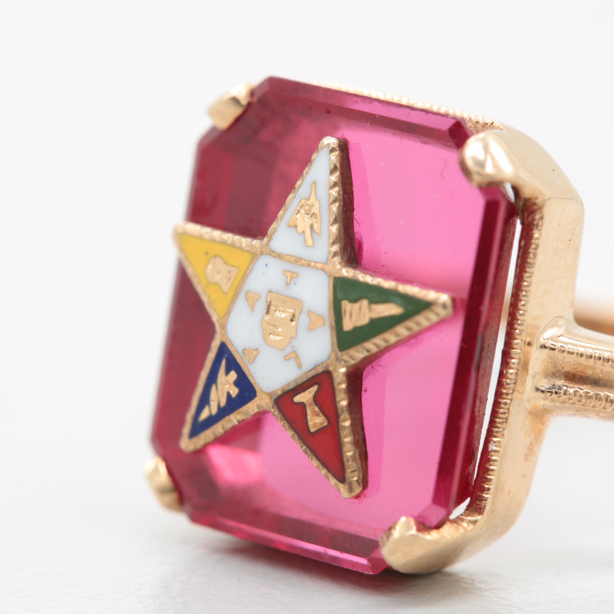 14K Yellow Gold Synthetic Ruby and Enamel Masonic Ring