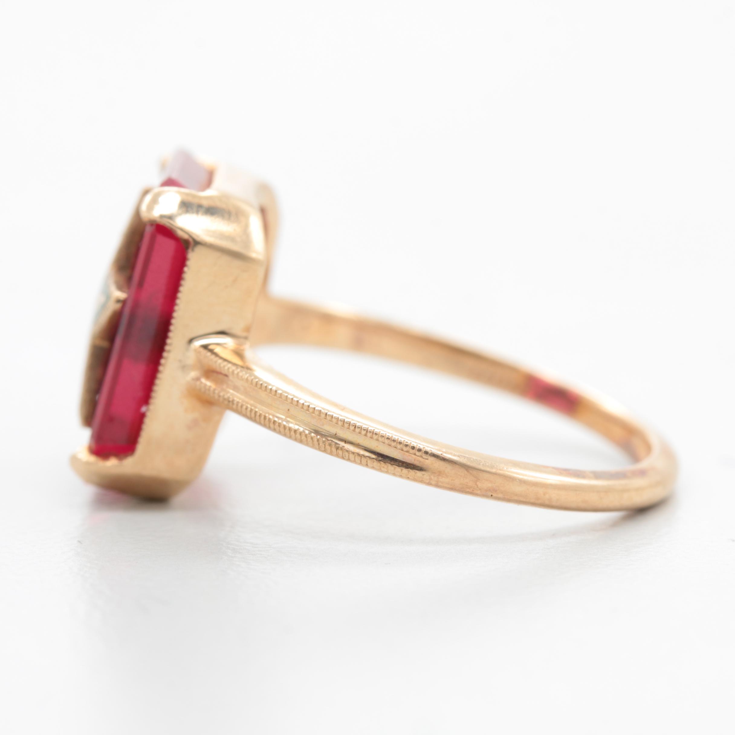 14K Yellow Gold Synthetic Ruby and Enamel Masonic Ring