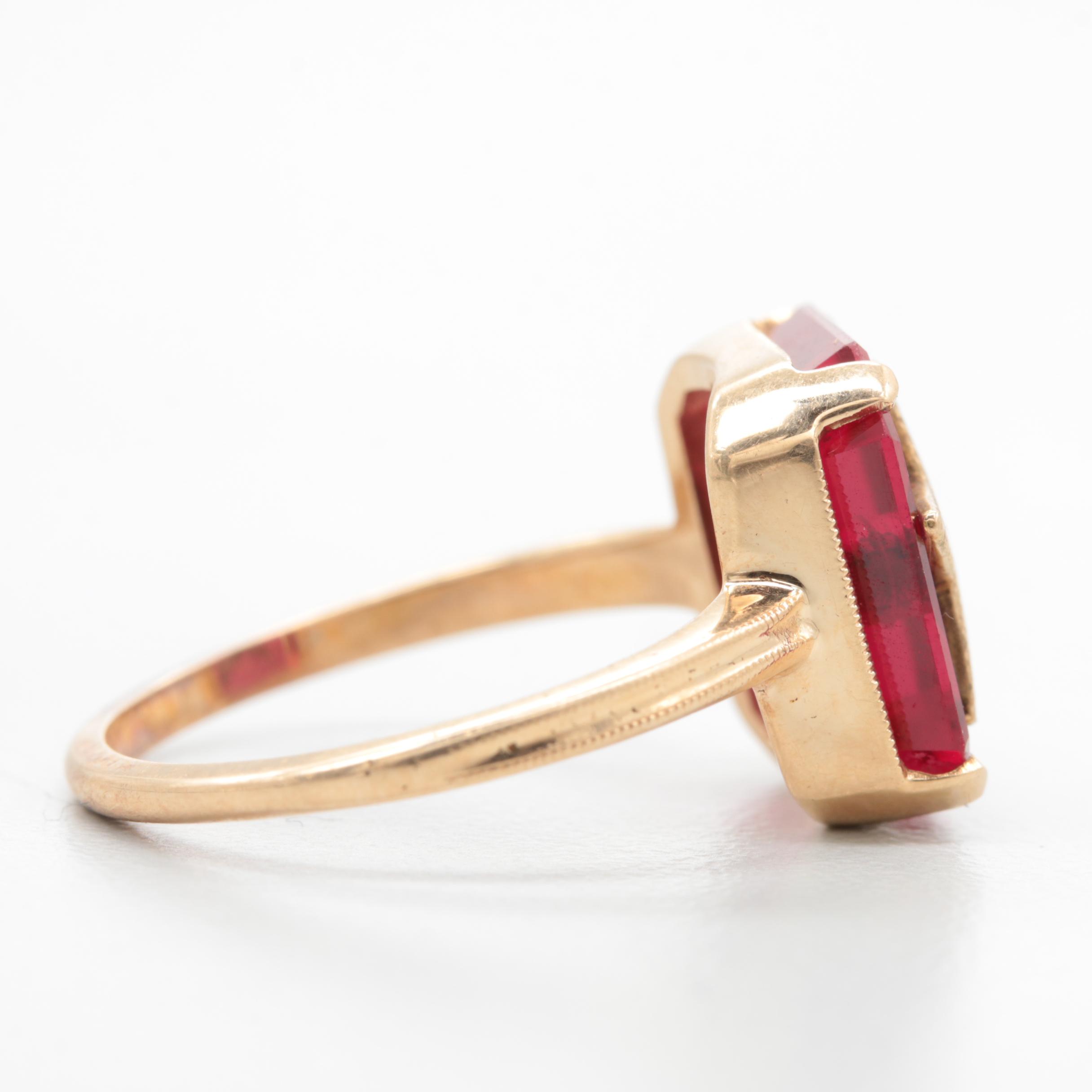 14K Yellow Gold Synthetic Ruby and Enamel Masonic Ring
