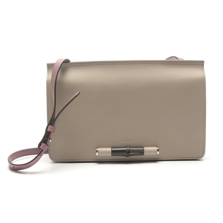 Gucci Lady Bamboo Gray Leather Flap Shoulder Bag