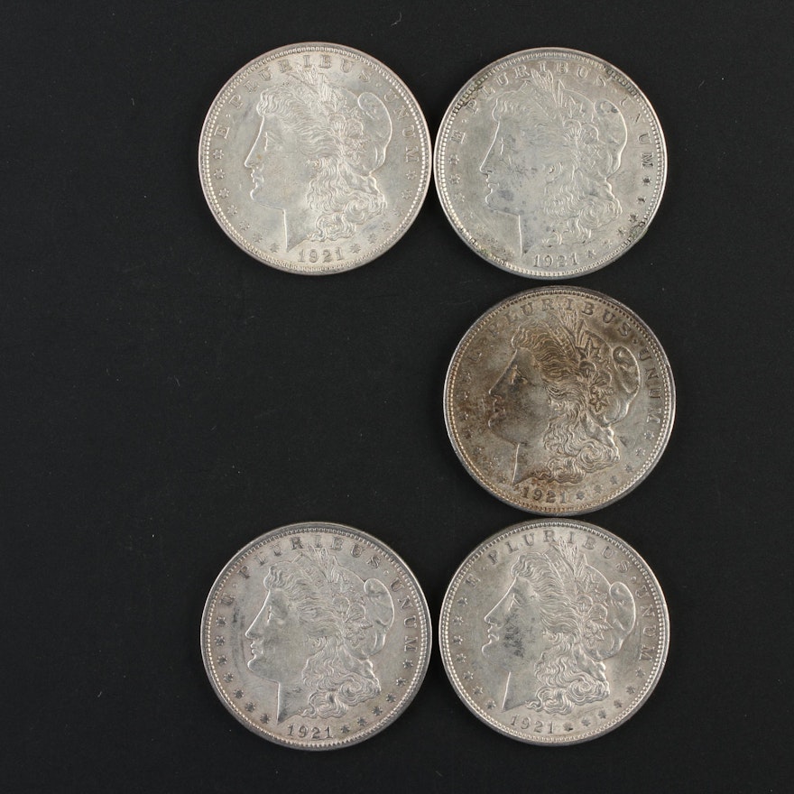 Five 1921 Morgan Silver Dollars