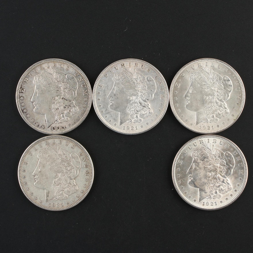 Five 1921 Morgan Silver Dollars