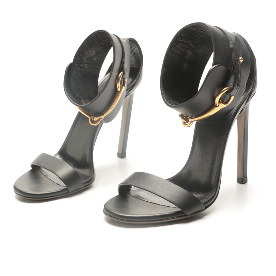 Gucci Ursula Black Leather Horsebit Ankle Cuff Sandals
