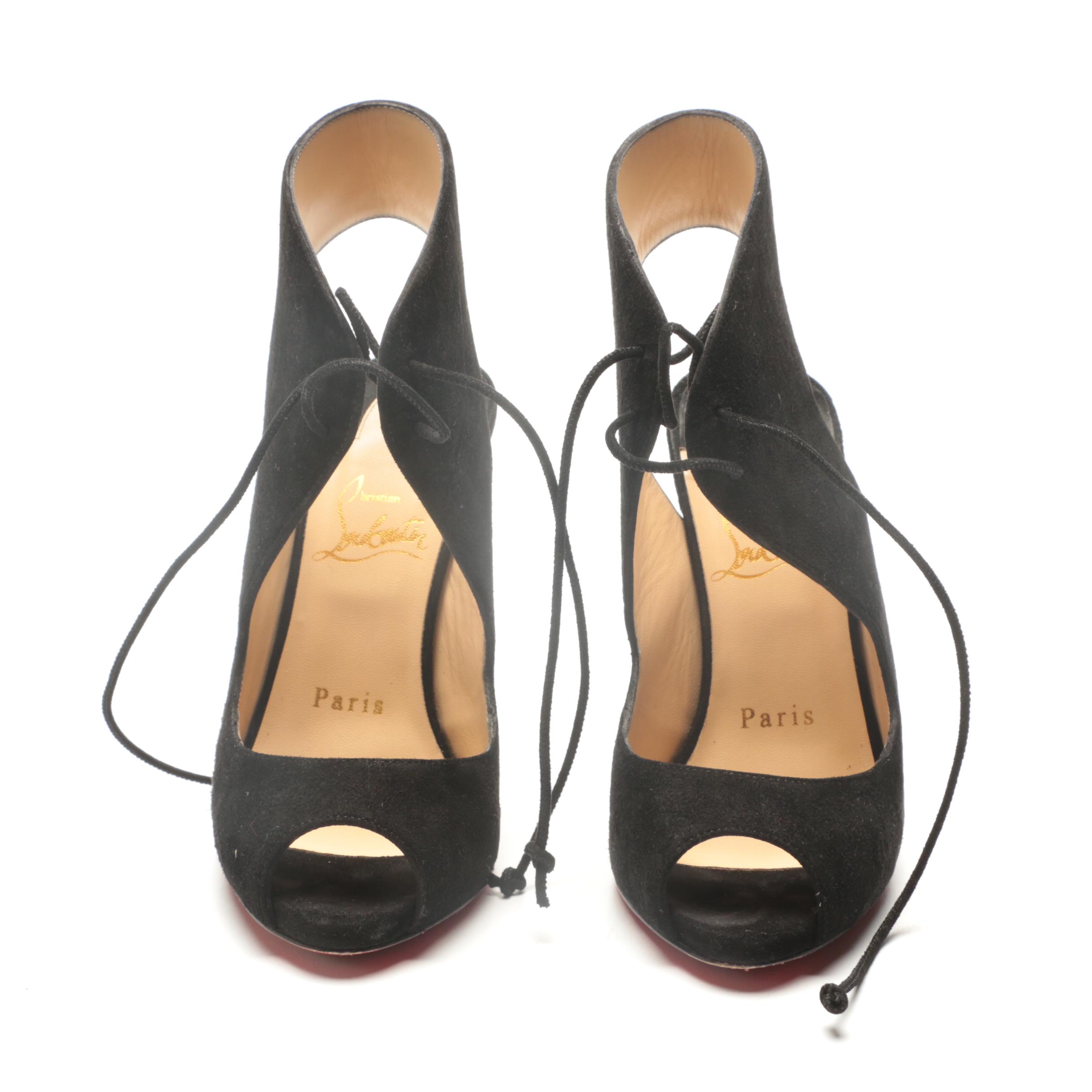 Christian Louboutin of Paris Black Suede Cut-Out Lace-Up Pumps
