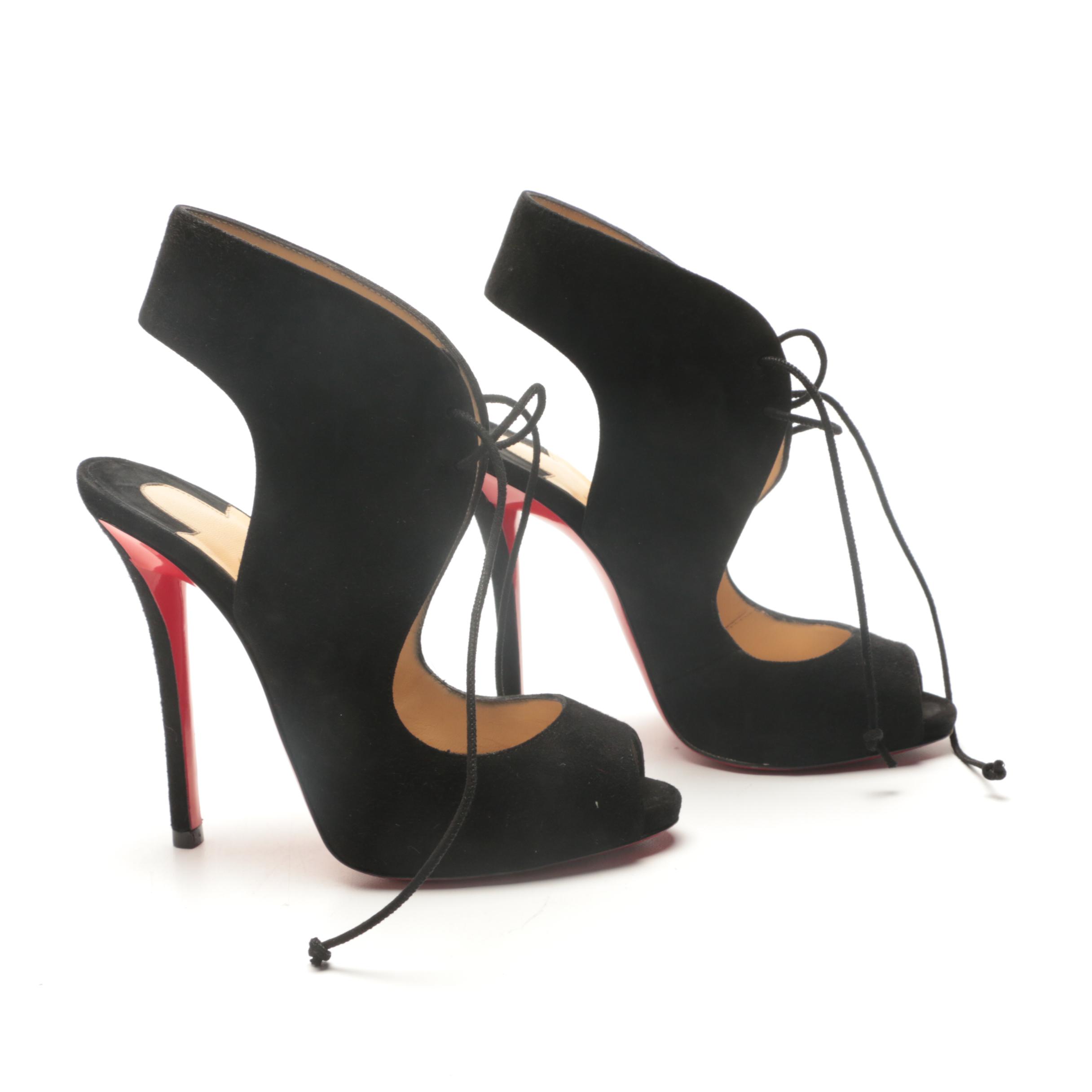 Christian Louboutin of Paris Black Suede Cut-Out Lace-Up Pumps