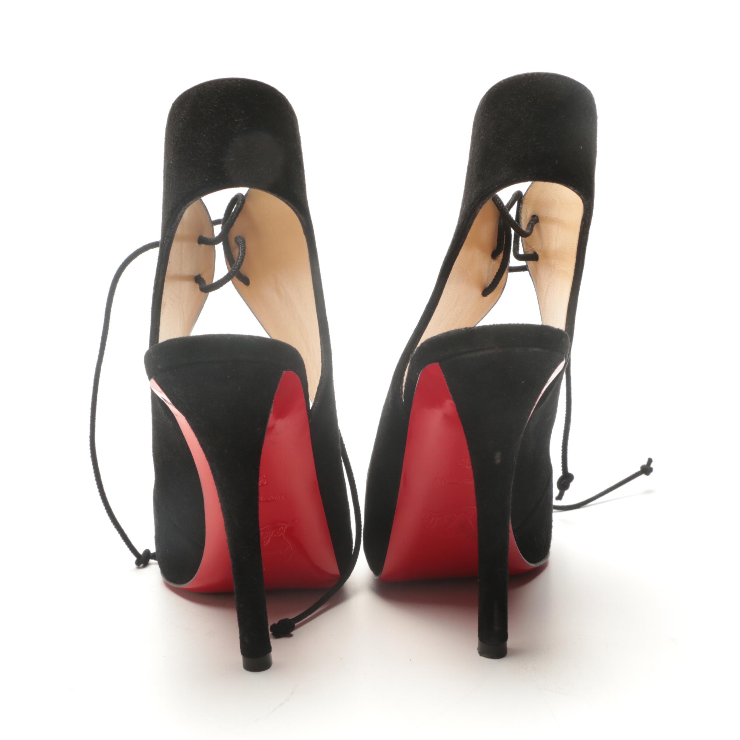 Christian Louboutin of Paris Black Suede Cut-Out Lace-Up Pumps