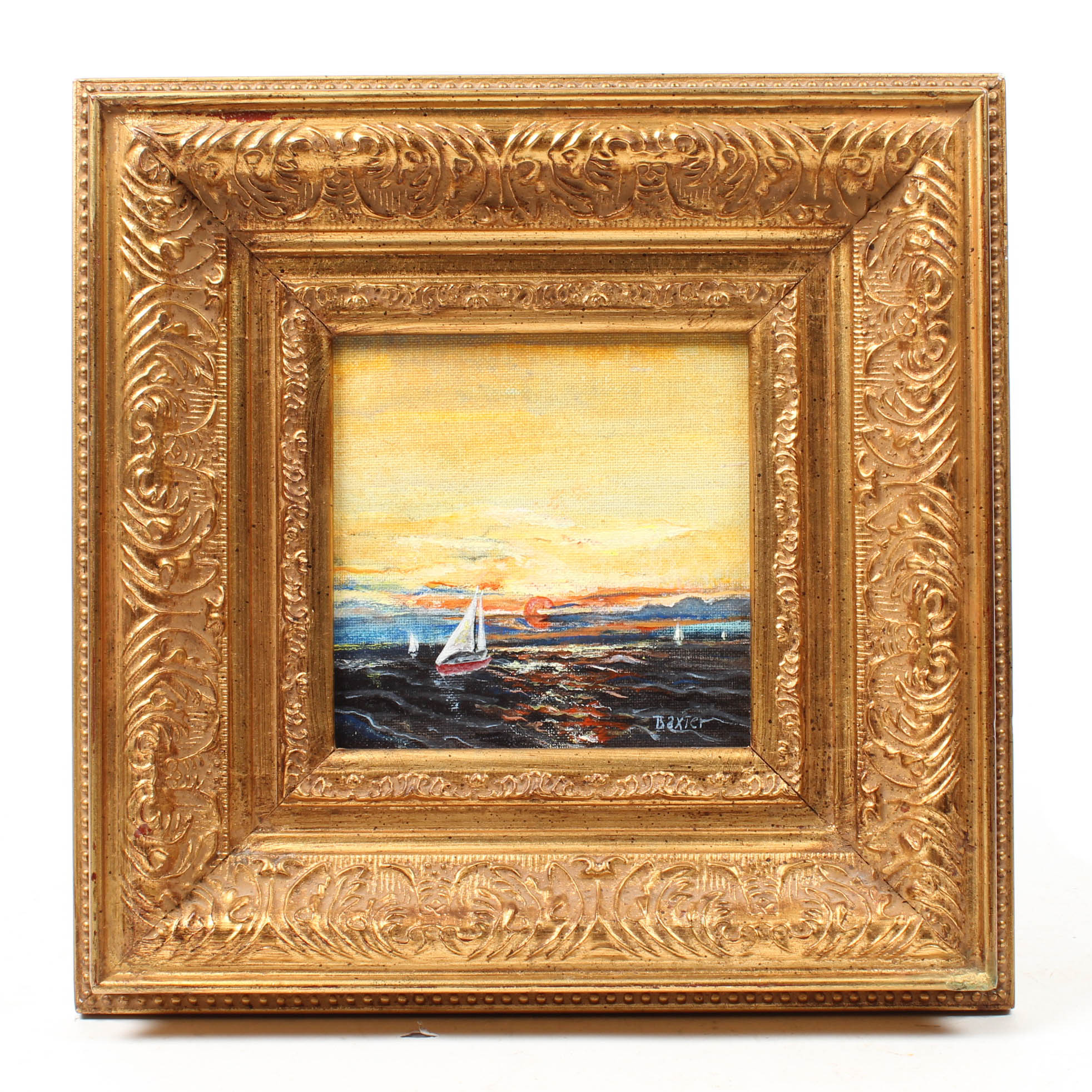 Charles R. Baxter 20th Century Oil Sunset Scene with Sailboats