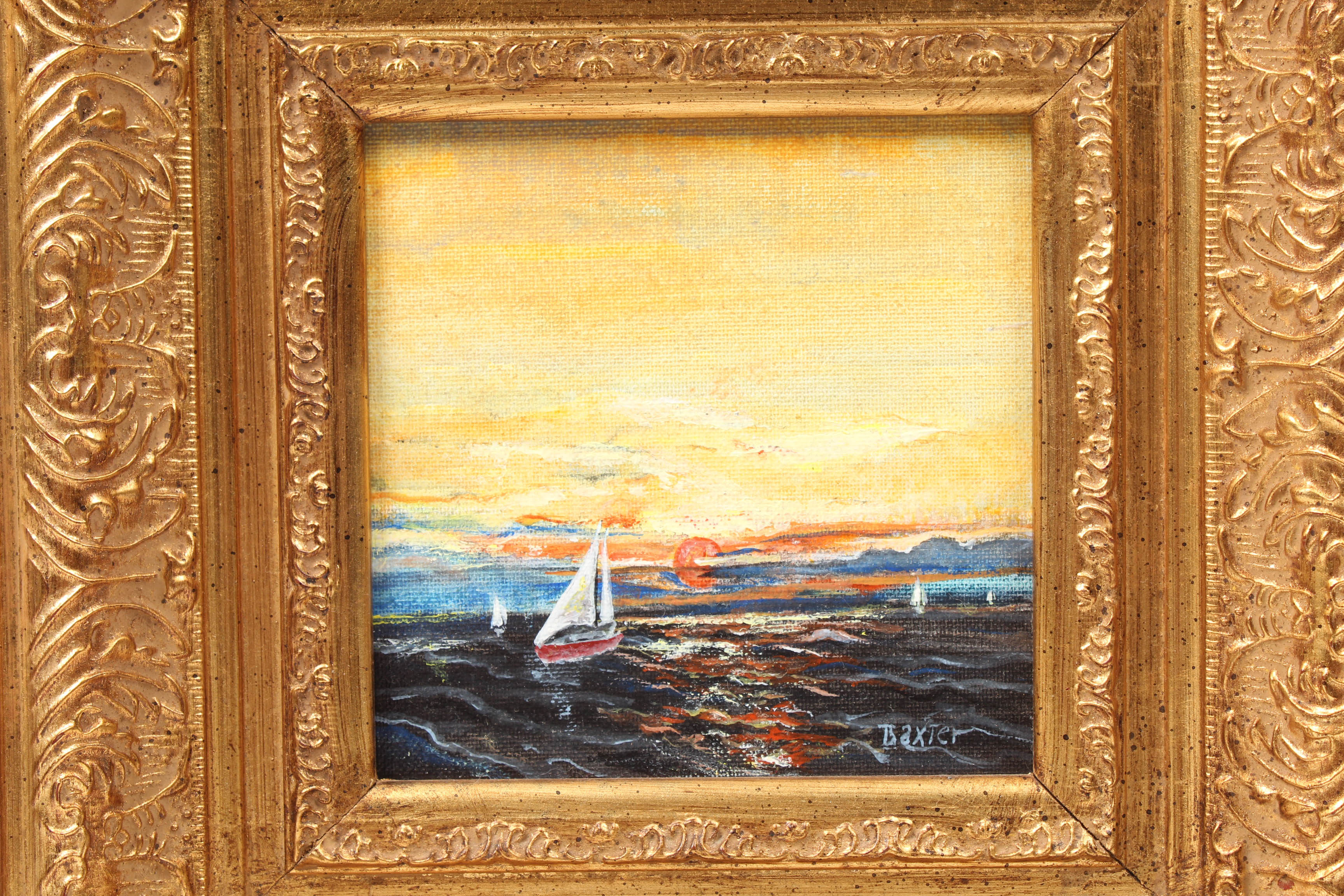 Charles R. Baxter 20th Century Oil Sunset Scene with Sailboats