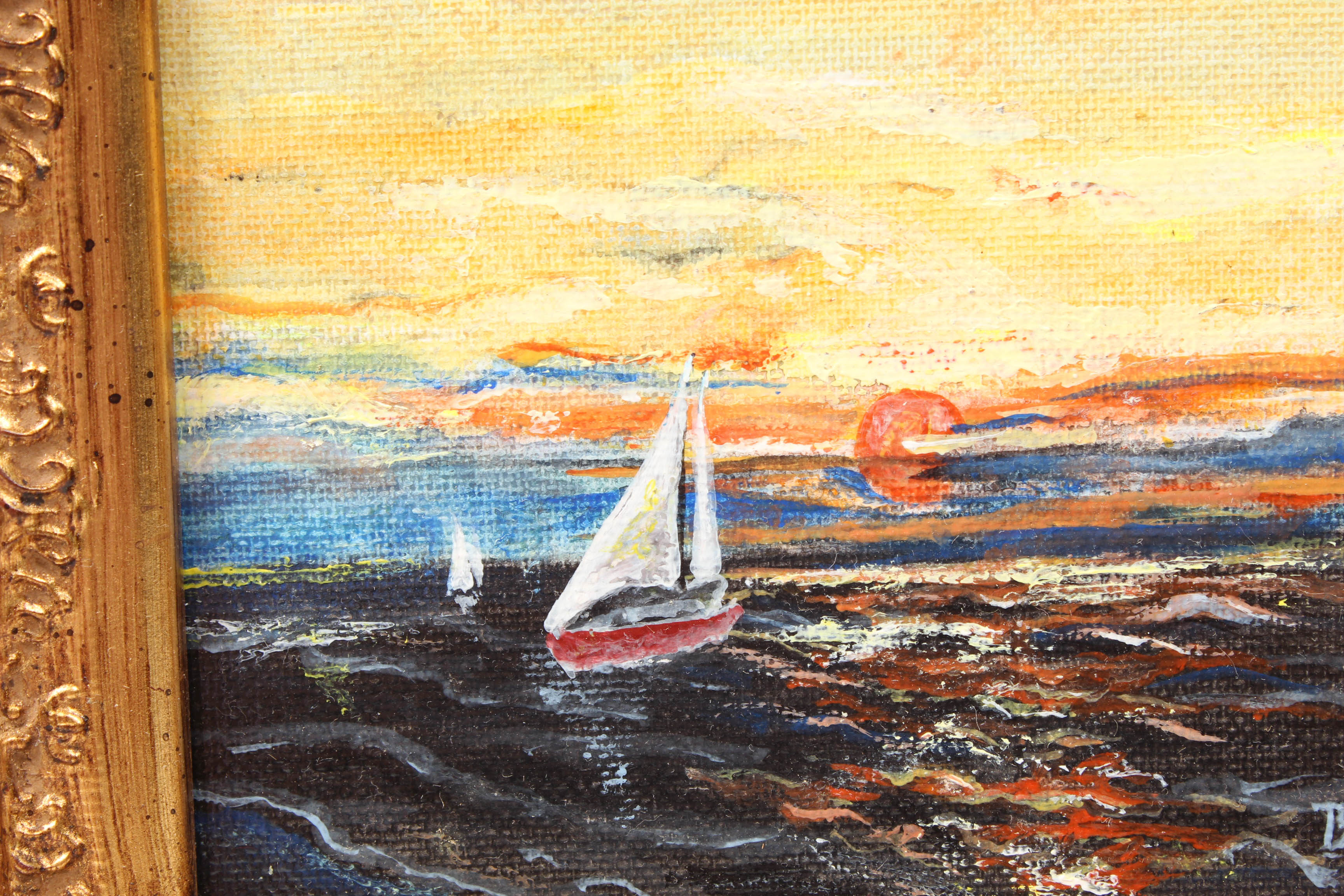 Charles R. Baxter 20th Century Oil Sunset Scene with Sailboats
