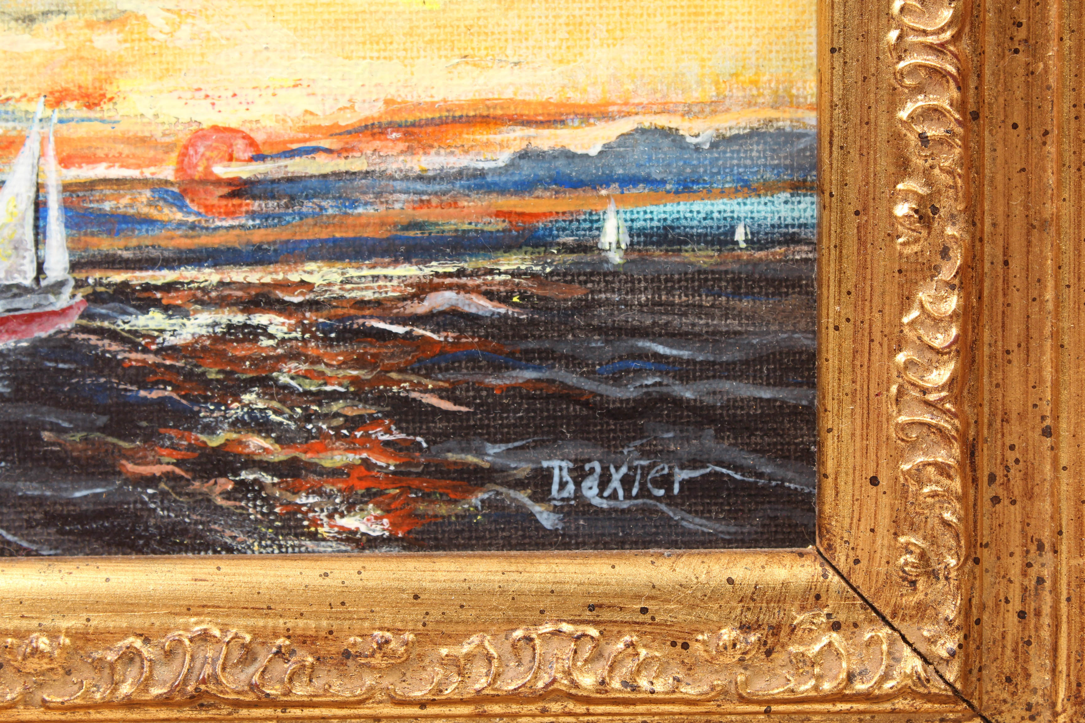 Charles R. Baxter 20th Century Oil Sunset Scene with Sailboats