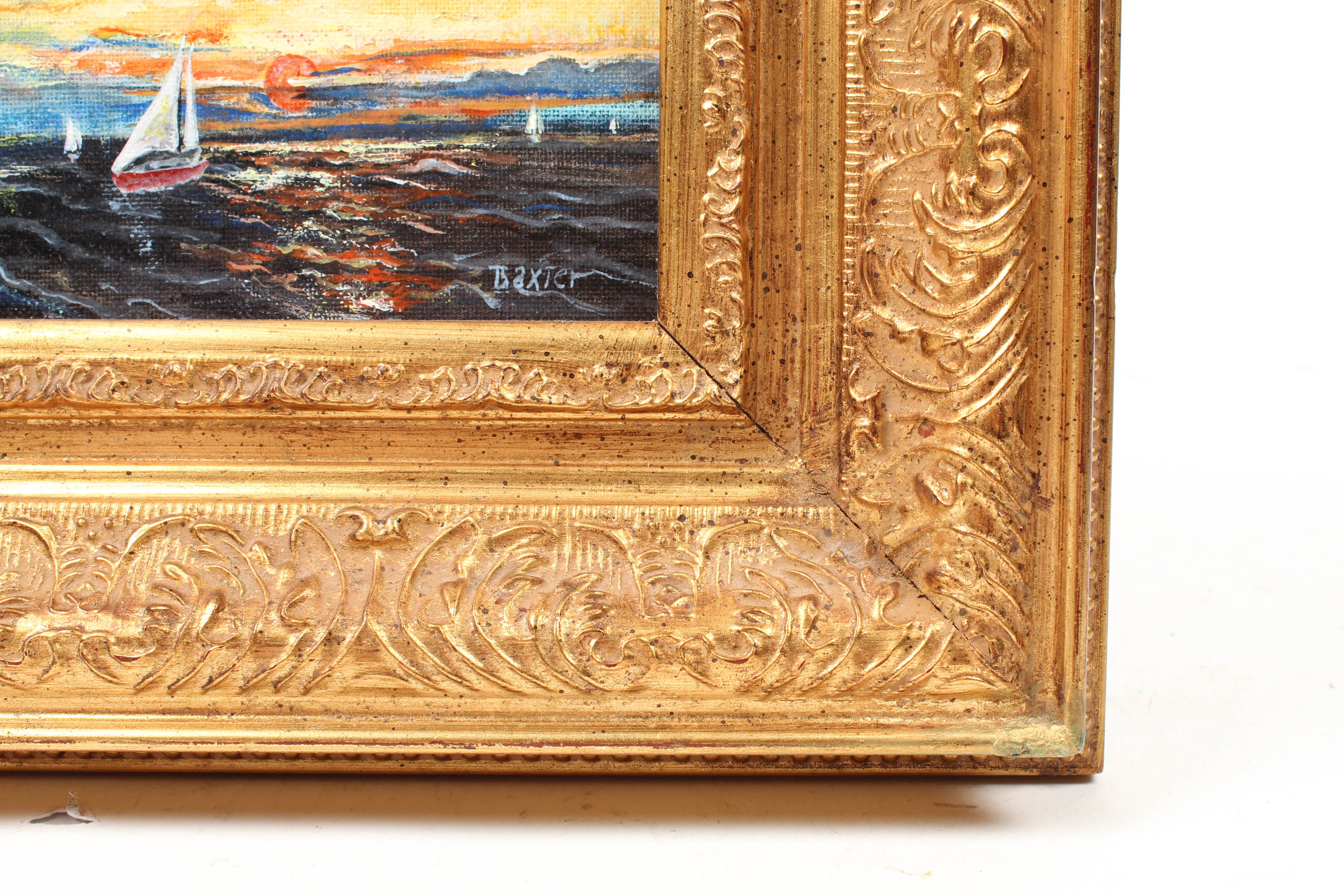 Charles R. Baxter 20th Century Oil Sunset Scene with Sailboats