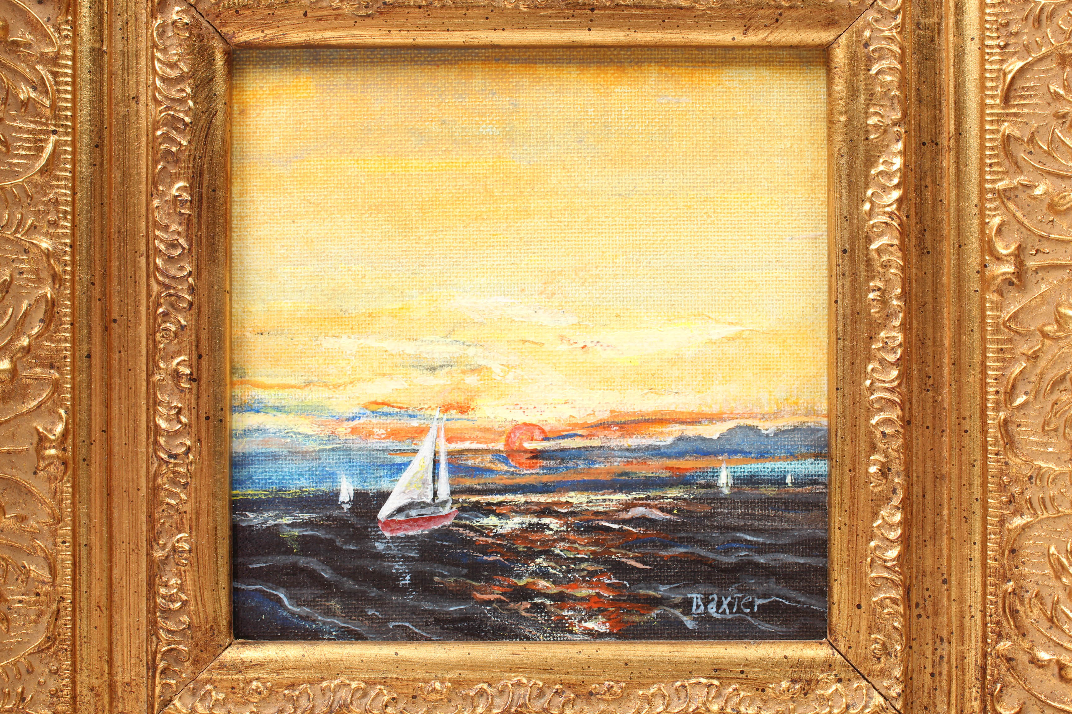 Charles R. Baxter 20th Century Oil Sunset Scene with Sailboats