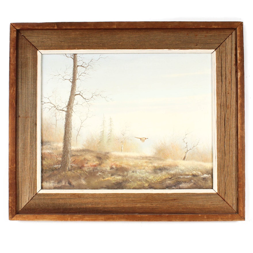 Bruce A. Hume Vintage Oil Painting Landscape with Flying Pheasant