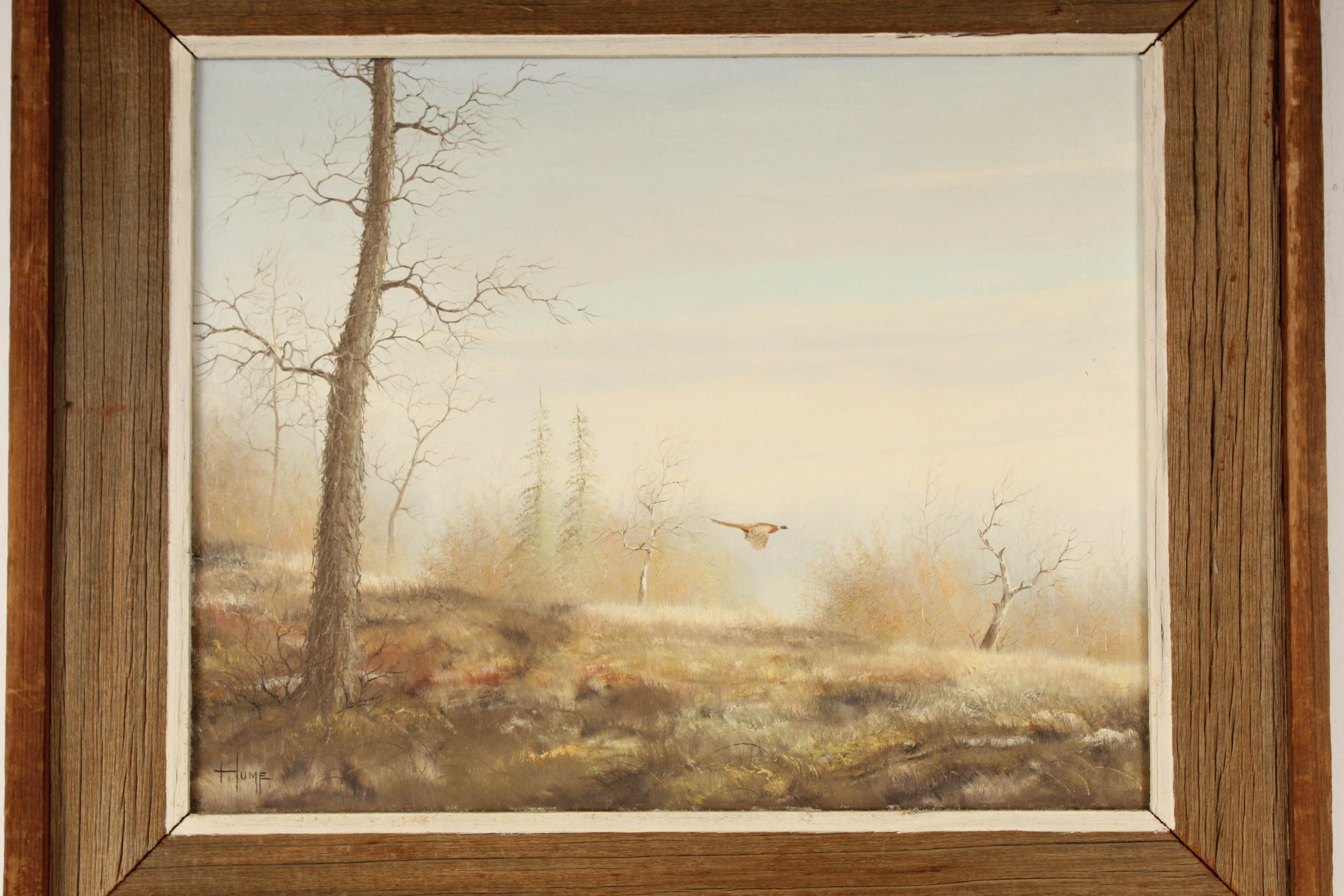 Bruce A. Hume Vintage Oil Painting Landscape with Flying Pheasant