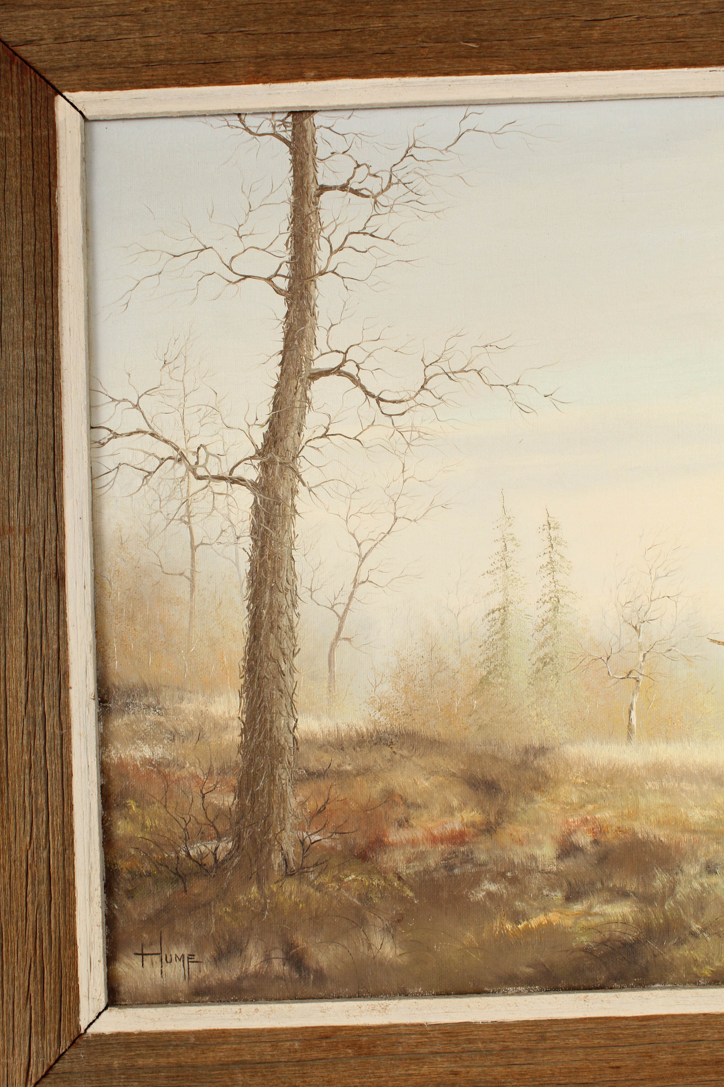 Bruce A. Hume Vintage Oil Painting Landscape with Flying Pheasant