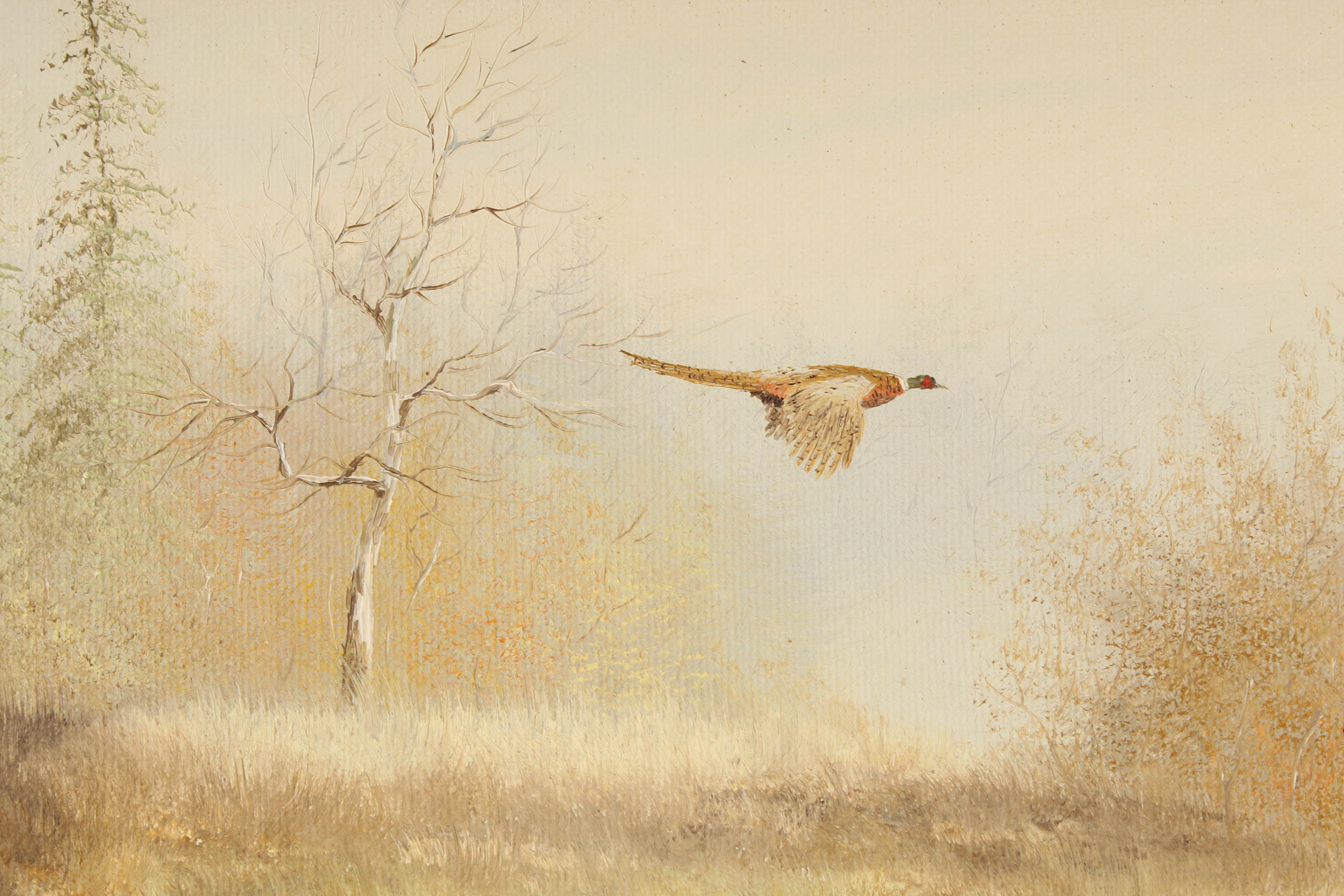 Bruce A. Hume Vintage Oil Painting Landscape with Flying Pheasant