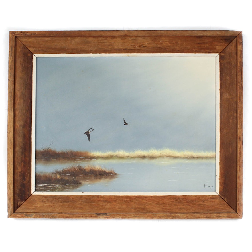 Bruce Hume Oil Painting Depicting Geese in Flight