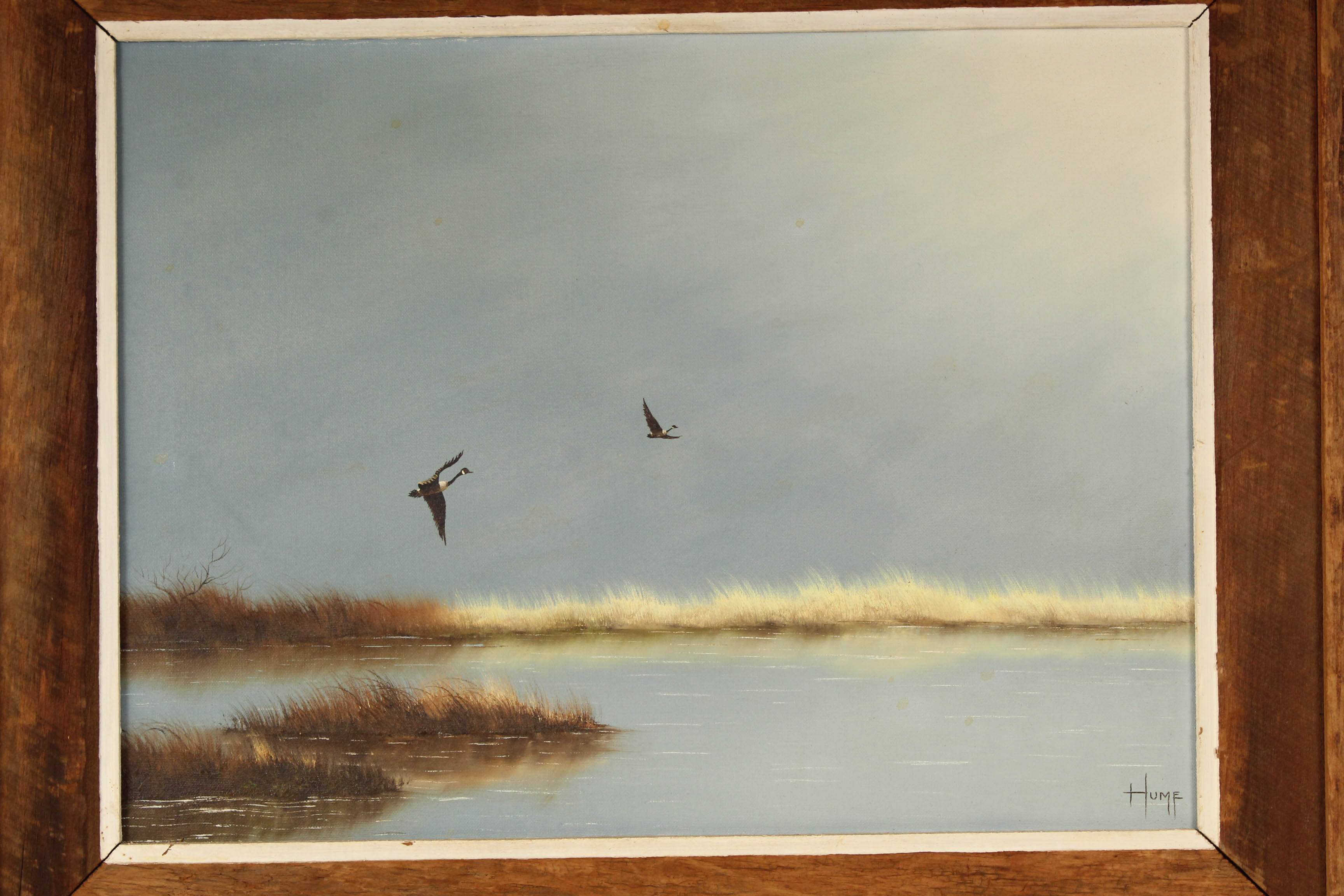 Bruce Hume Oil Painting Depicting Geese in Flight