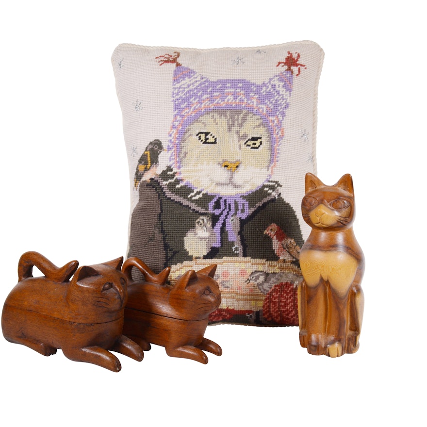 Carved Wood Cat Sculptures and Needlepoint Pillow