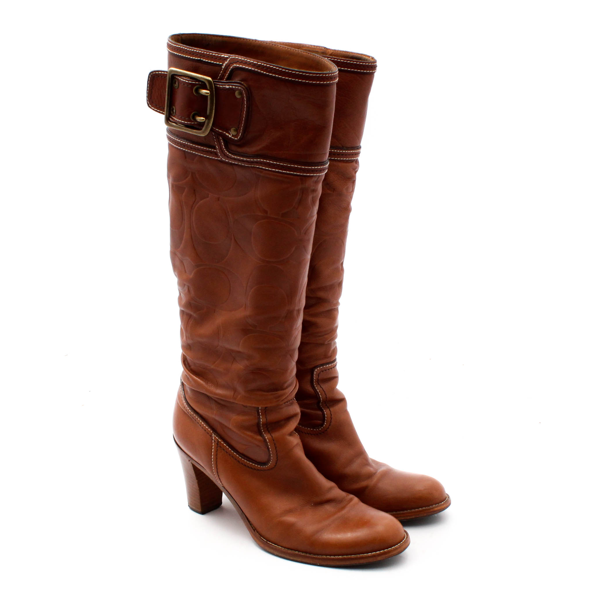 Coach Merridth Tall Leather Buckle Boots with Stacked Heels