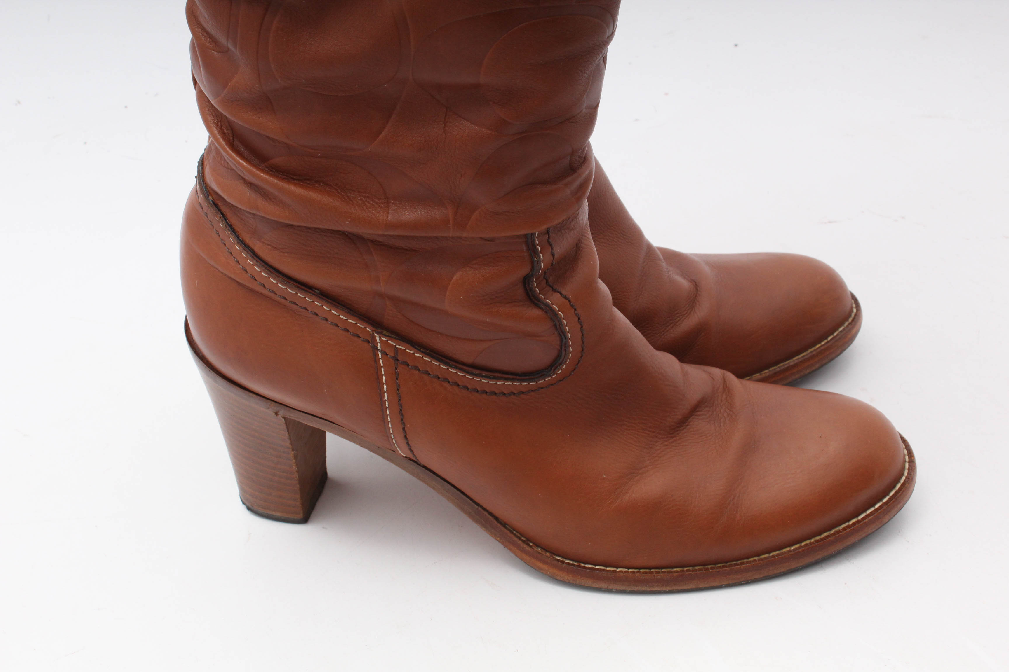 Coach Merridth Tall Leather Buckle Boots with Stacked Heels